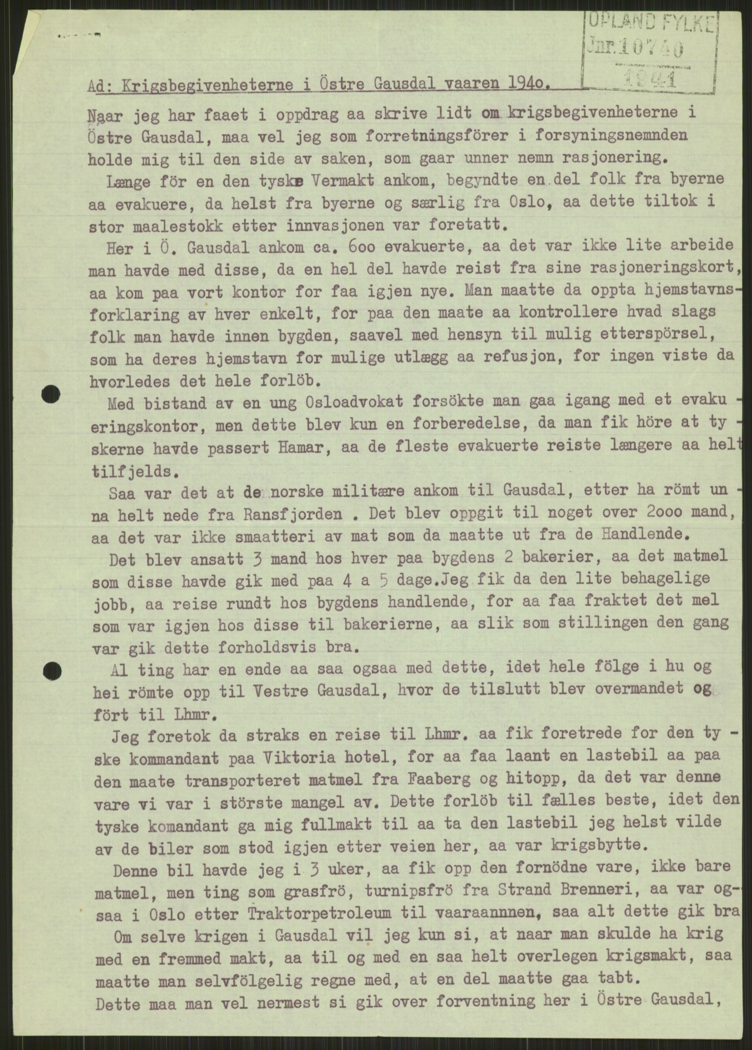 Forsvaret, Forsvarets krigshistoriske avdeling, AV/RA-RAFA-2017/Y/Ya/L0014: II-C-11-31 - Fylkesmenn.  Rapporter om krigsbegivenhetene 1940., 1940, p. 260