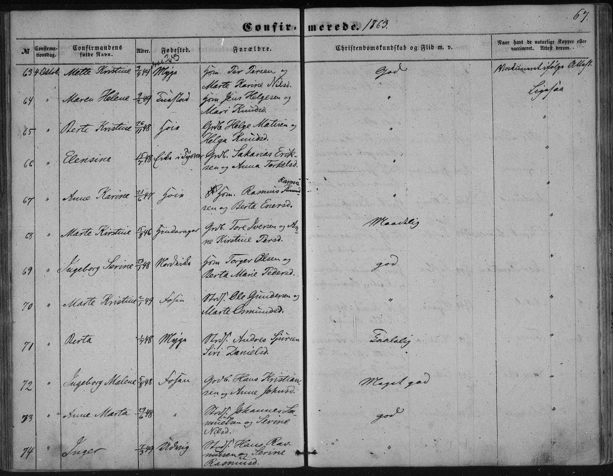 Avaldsnes sokneprestkontor, AV/SAST-A -101851/H/Ha/Haa/L0009: Parish register (official) no. A 9, 1853-1865, p. 67