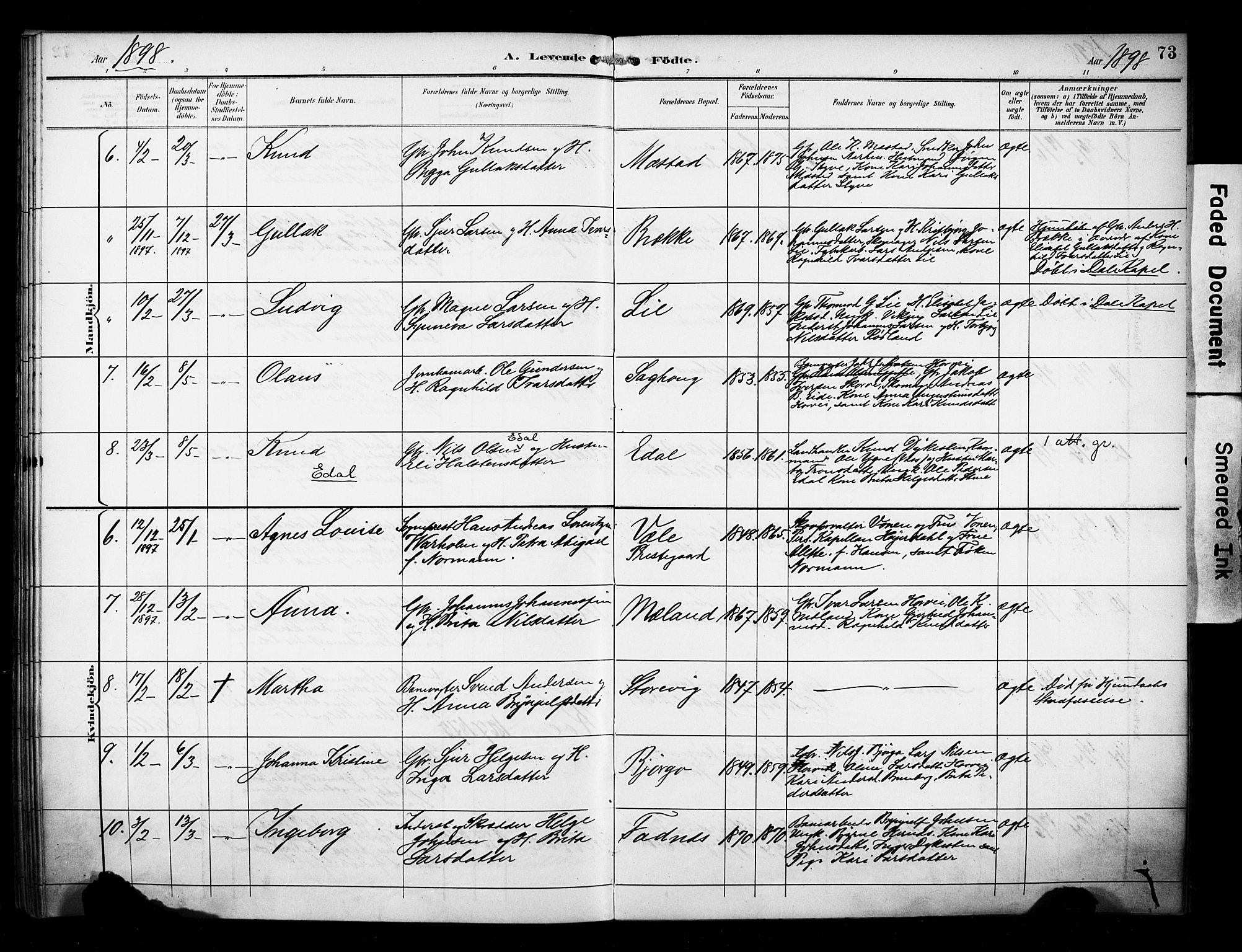Evanger sokneprestembete, SAB/A-99924: Parish register (official) no. A 2, 1892-1899, p. 73