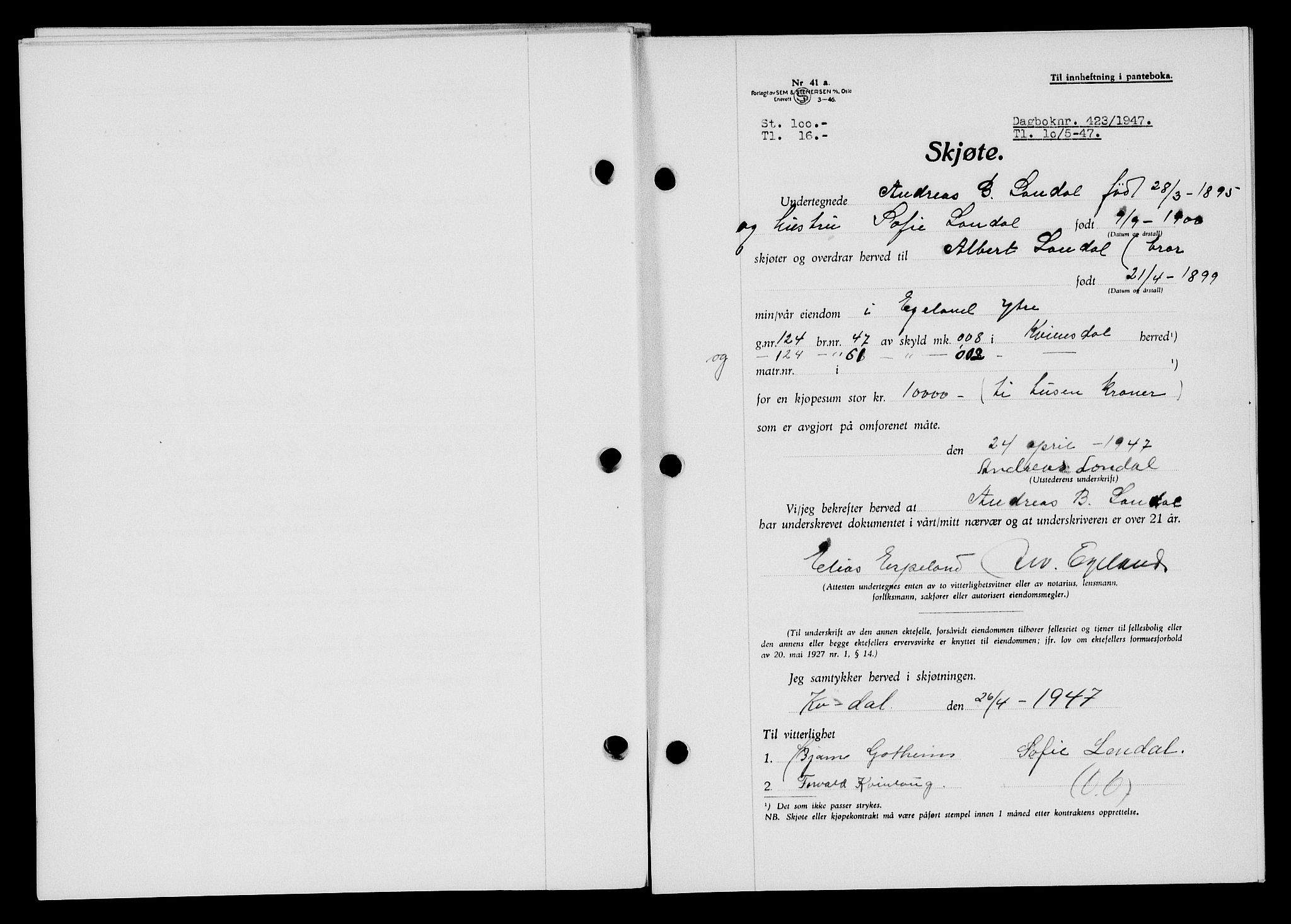 Flekkefjord sorenskriveri, SAK/1221-0001/G/Gb/Gba/L0062: Mortgage book no. A-10, 1947-1947, Diary no: : 423/1947