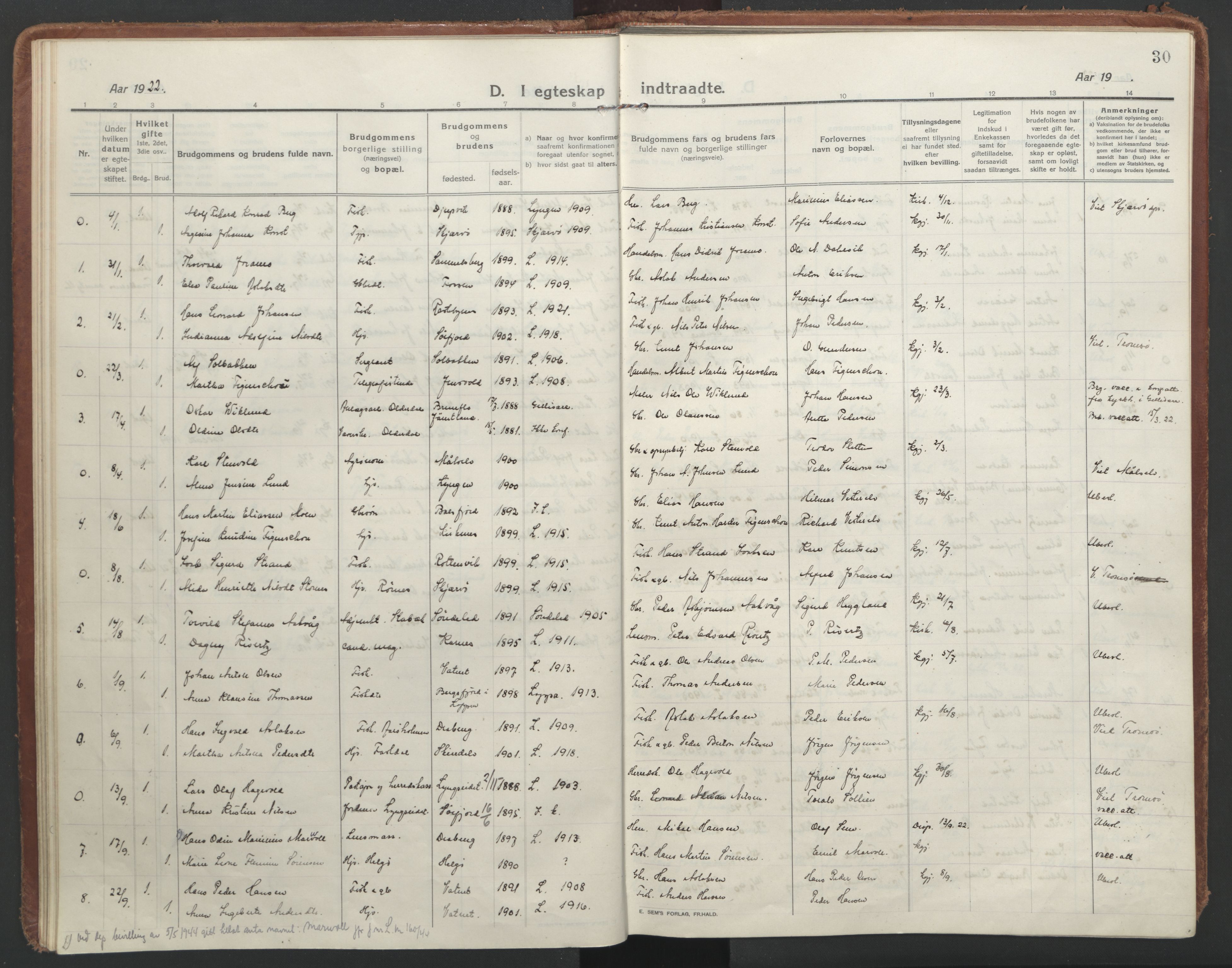 Lyngen sokneprestembete, AV/SATØ-S-1289/H/He/Hea/L0013kirke: Parish register (official) no. 13, 1914-1923, p. 30