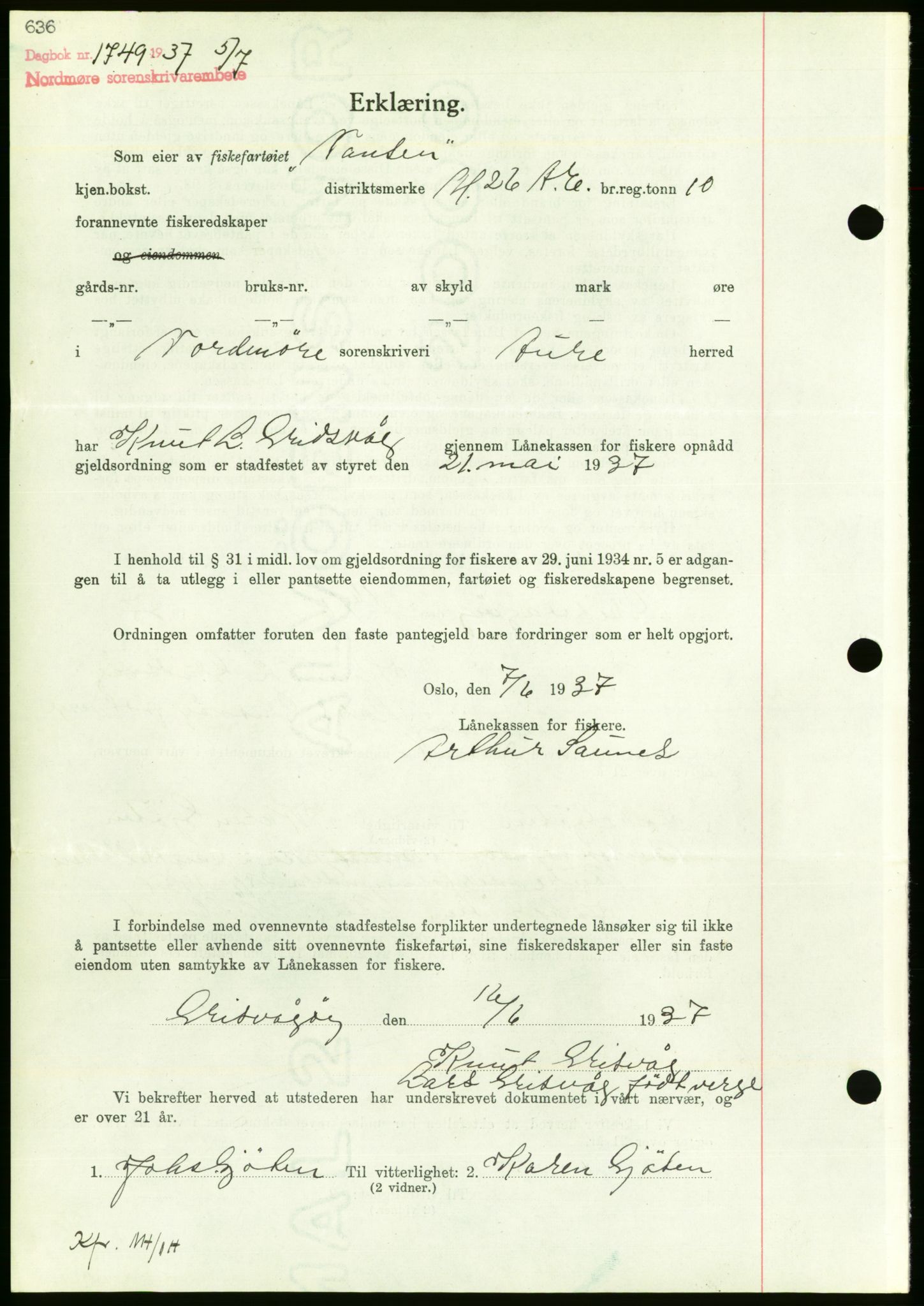 Nordmøre sorenskriveri, AV/SAT-A-4132/1/2/2Ca/L0091: Mortgage book no. B81, 1937-1937, Diary no: : 1749/1937