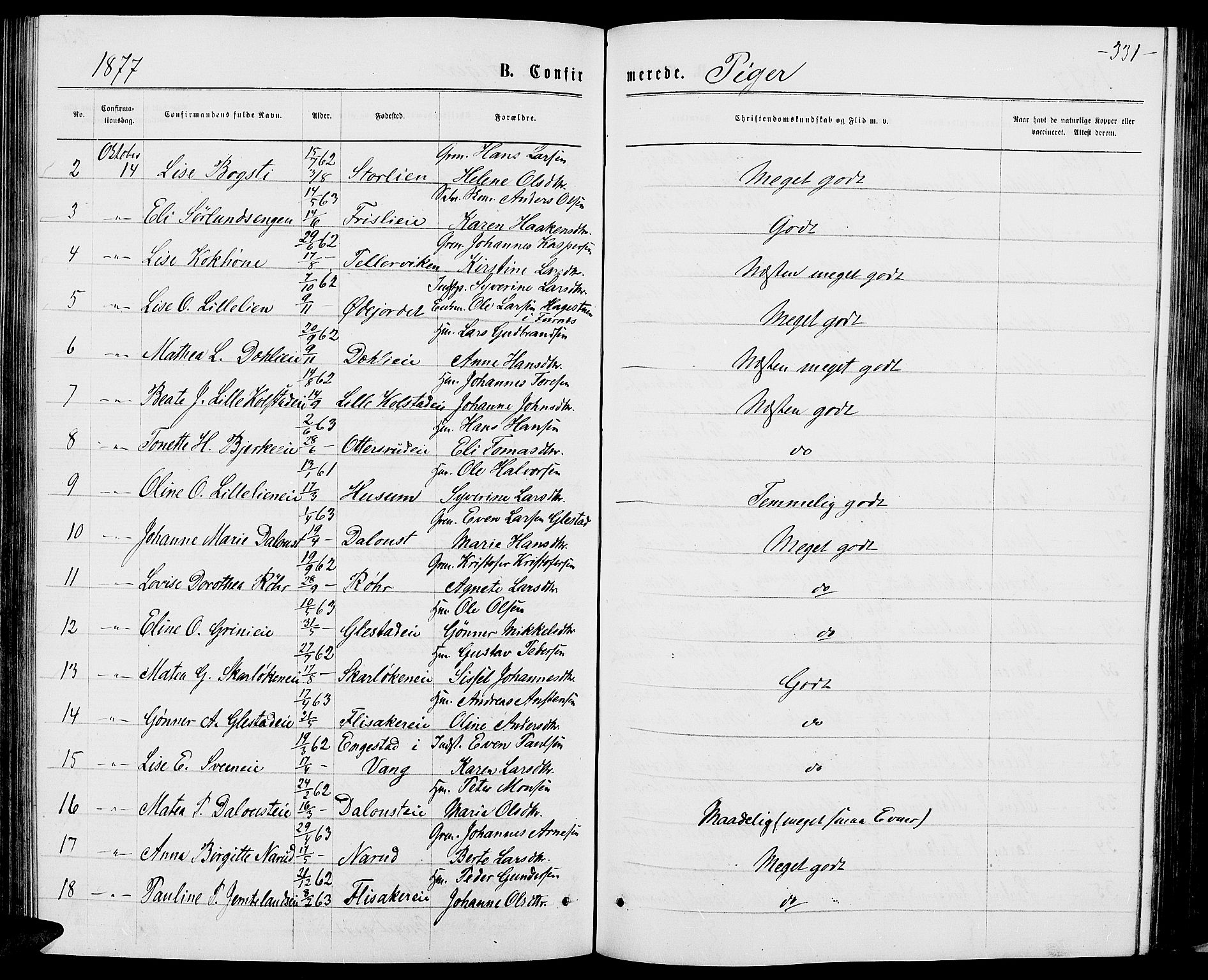 Ringsaker prestekontor, AV/SAH-PREST-014/L/La/L0008: Parish register (copy) no. 8, 1870-1878, p. 331