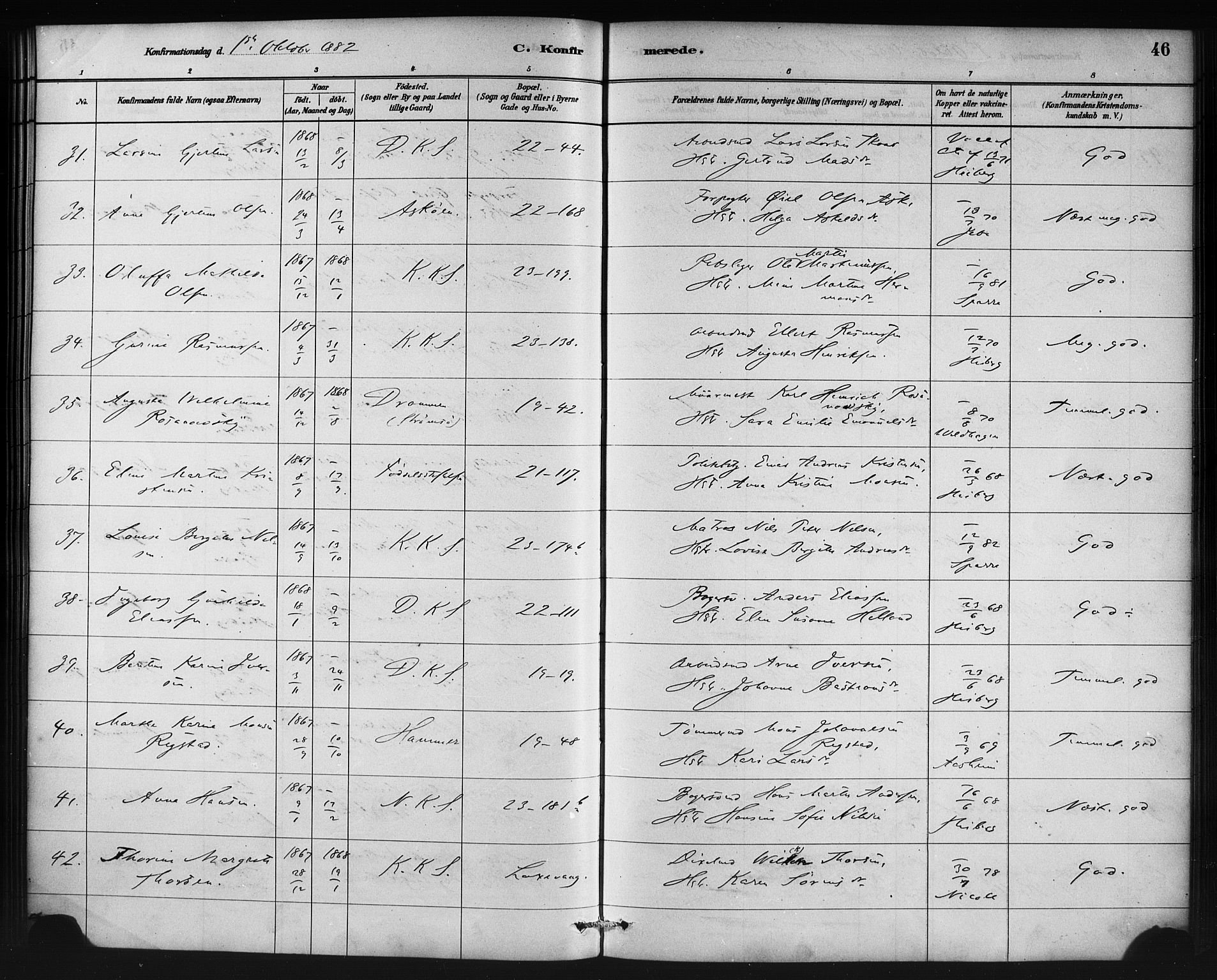 Korskirken sokneprestembete, AV/SAB-A-76101/H/Haa/L0029: Parish register (official) no. C 5, 1880-1892, p. 46