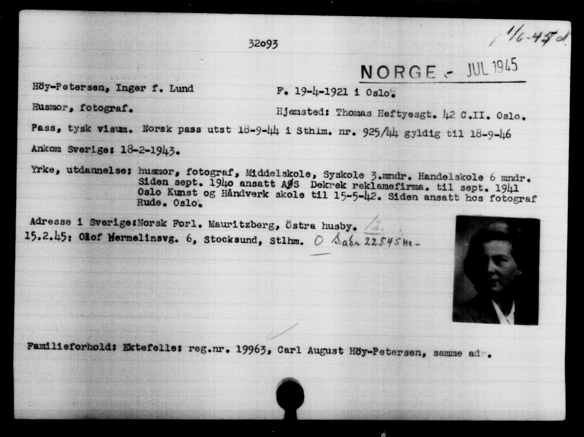 Utenriksstasjonene, Legasjonen i Stockholm, Flyktningkontoret, AV/RA-S-6753/V/Va/L0013: Kjesäterkartoteket, flyktninger med registreringsnr. 31500-34731, 1940-1945, p. 646