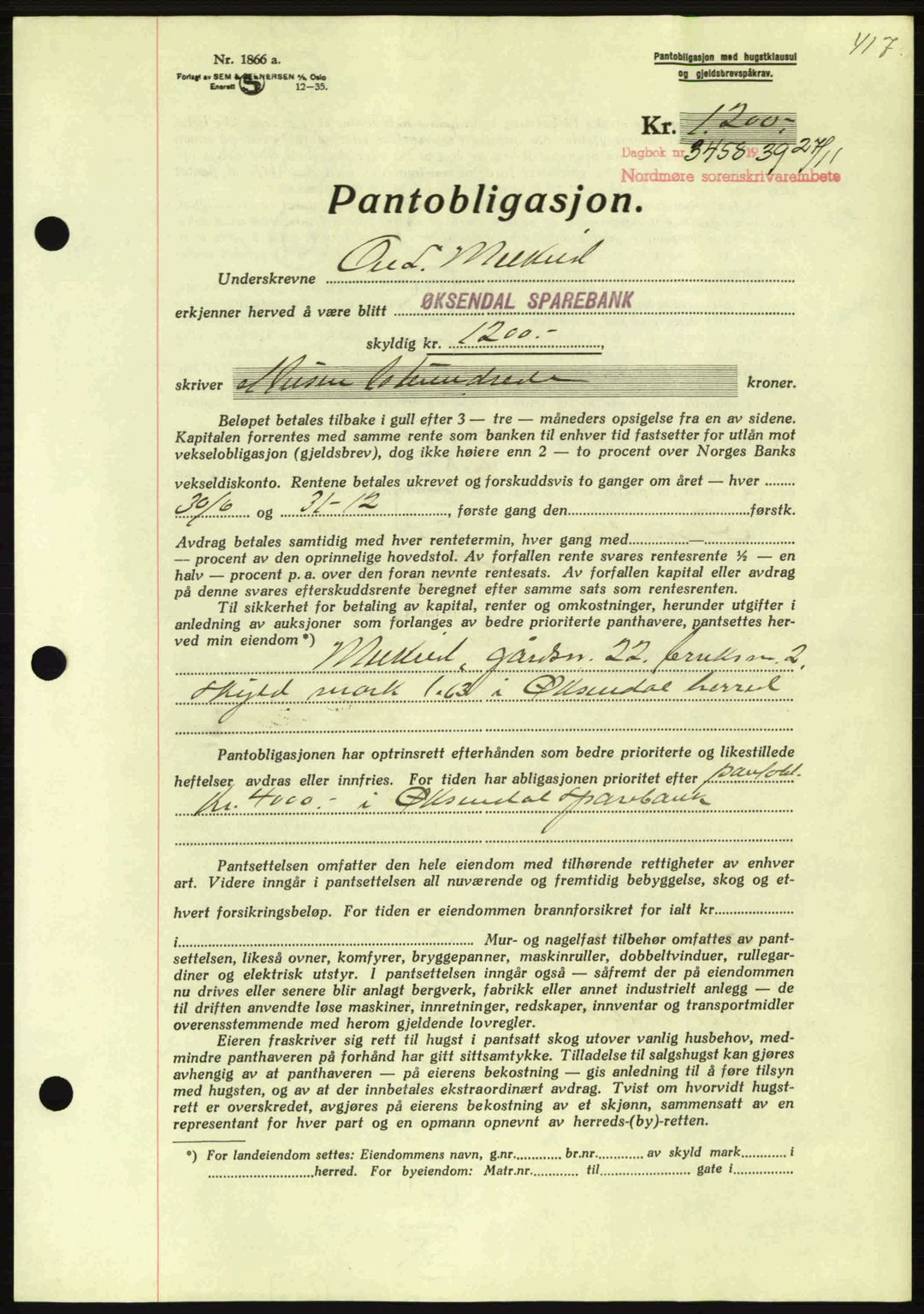 Nordmøre sorenskriveri, AV/SAT-A-4132/1/2/2Ca: Mortgage book no. B86, 1939-1940, Diary no: : 3458/1939