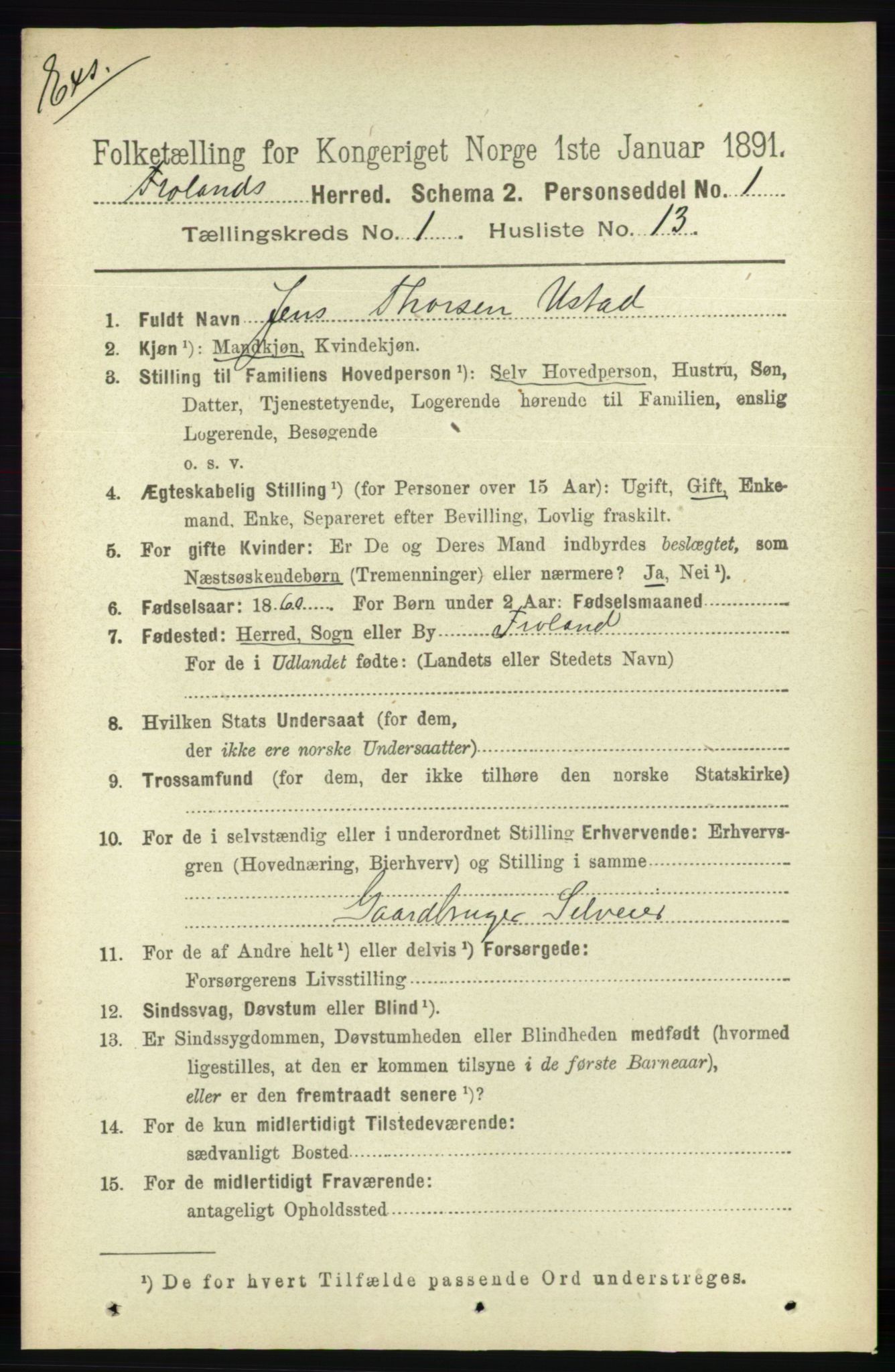 RA, Census 1891 for Nedenes amt: Gjenparter av personsedler for beslektede ektefeller, menn, 1891, p. 426