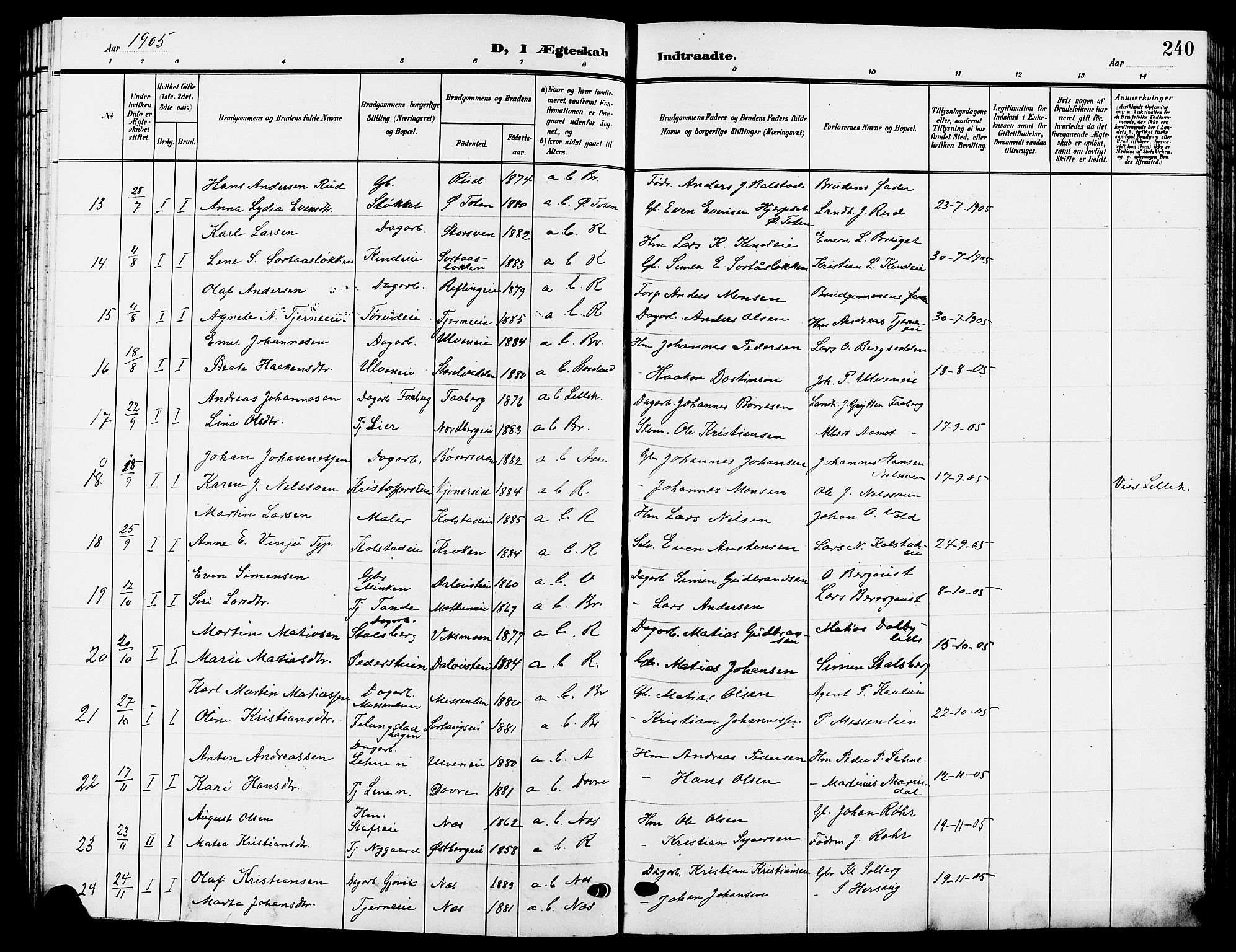 Ringsaker prestekontor, SAH/PREST-014/L/La/L0015: Parish register (copy) no. 15, 1903-1912, p. 240