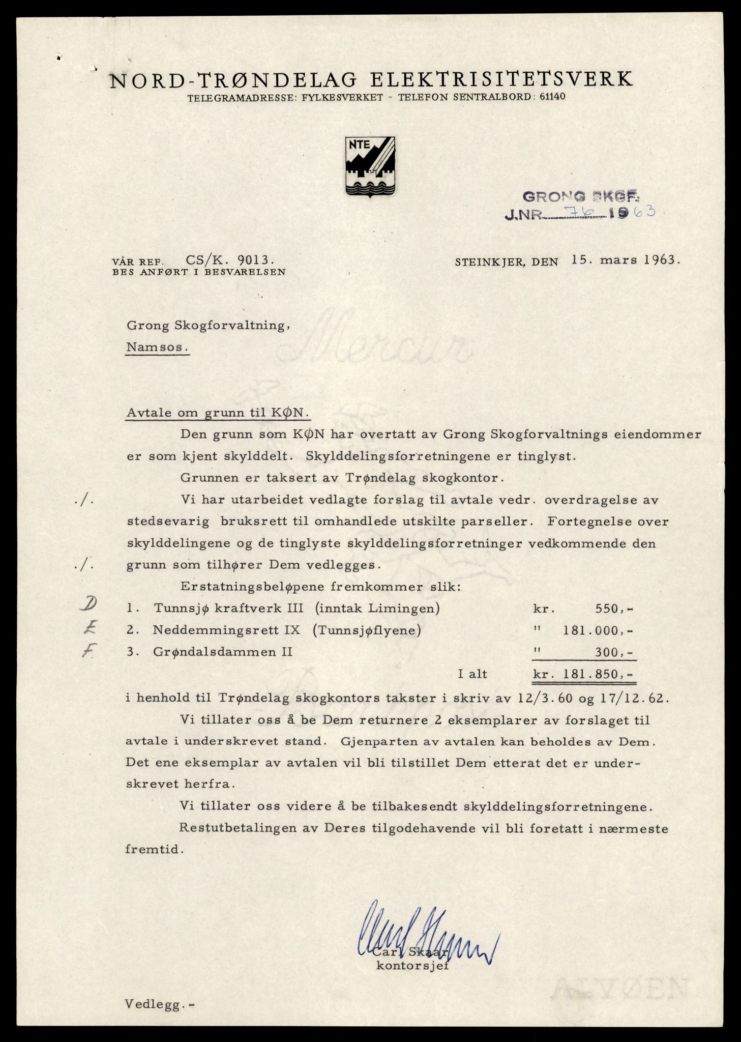 Statskog Trøndelag / Møre, AV/SAT-A-4532/1/D/Da/L0336/0007: Sakarkiv / Vassdragsreguleringer m.m. - Kraftverkene Øvre Namsen, diverse (grunnerstatninger), 1957-1963, p. 20
