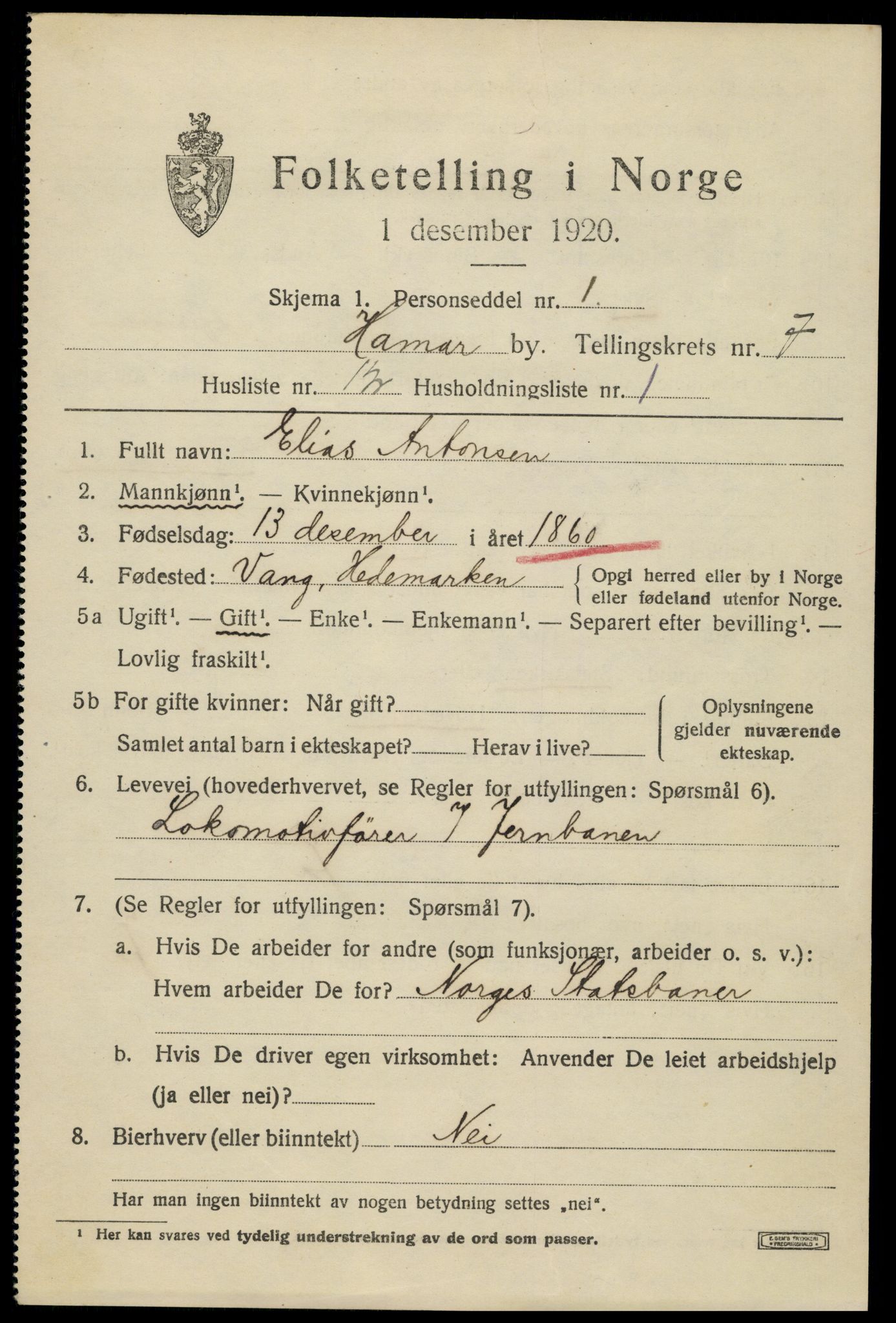 SAH, 1920 census for Hamar, 1920, p. 12995