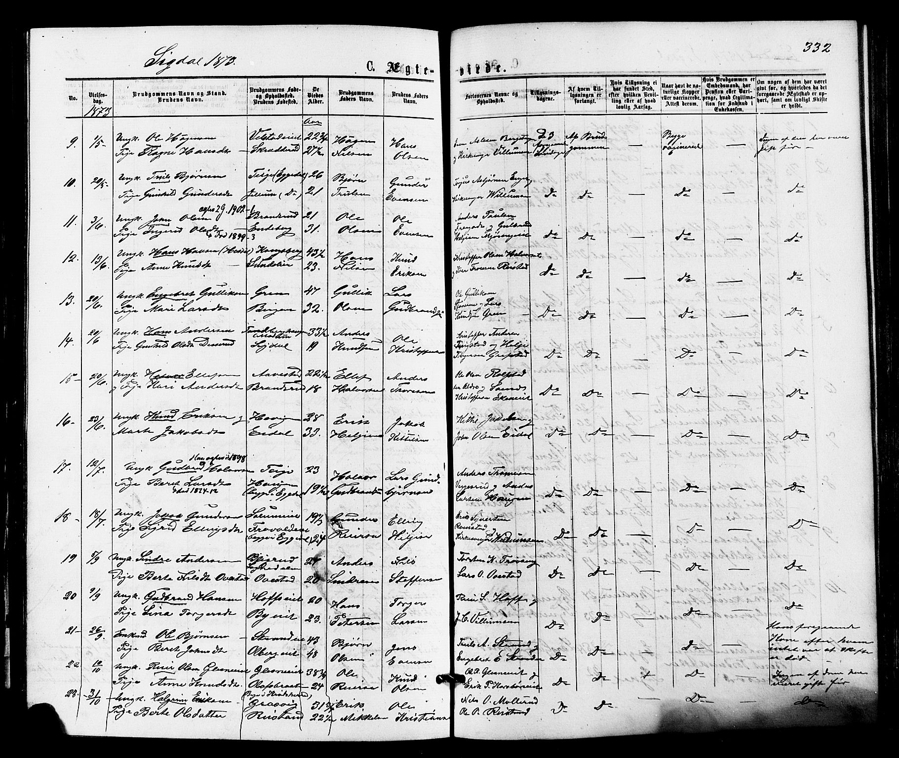 Sigdal kirkebøker, SAKO/A-245/F/Fa/L0010: Parish register (official) no. I 10 /1, 1872-1878, p. 332