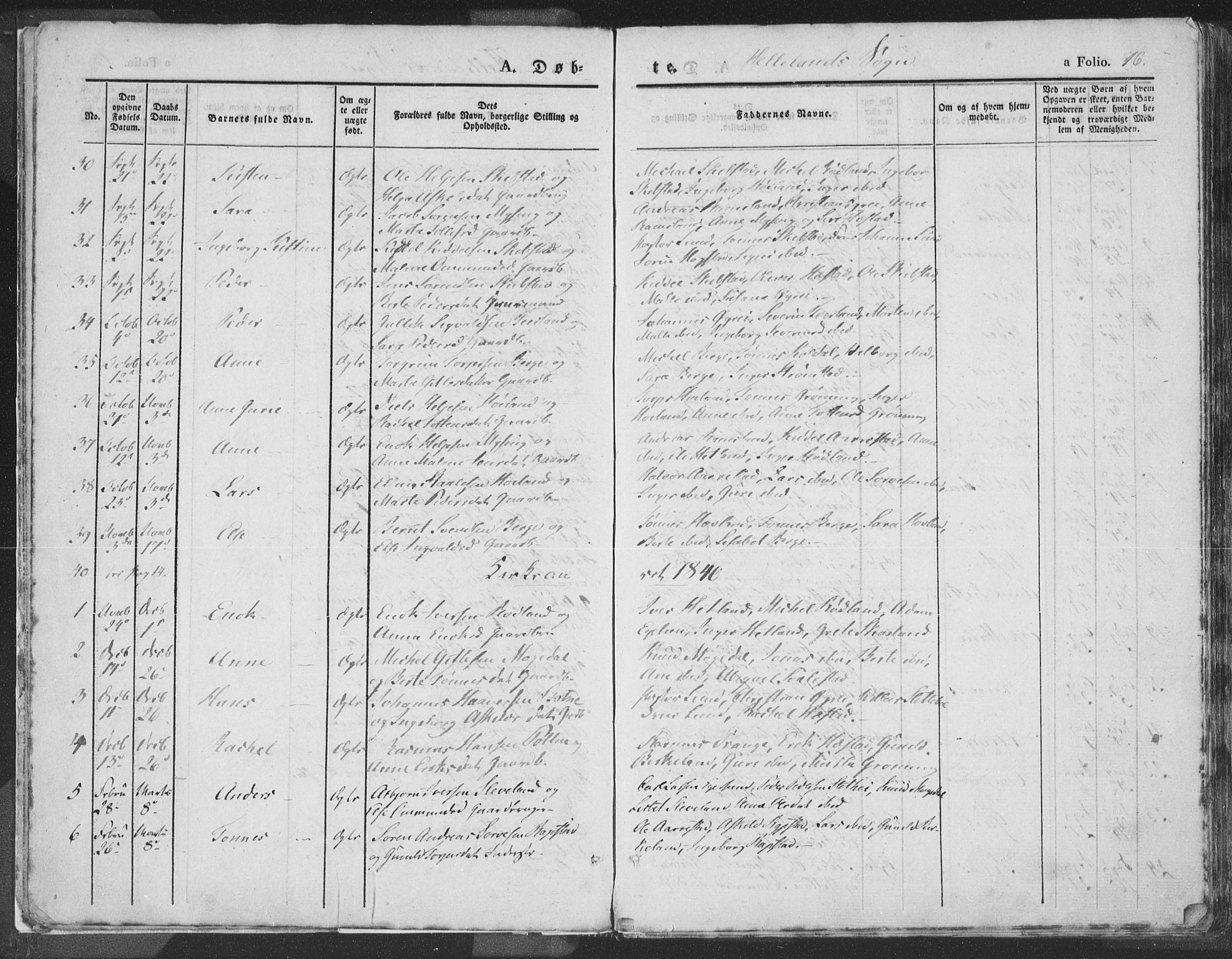 Helleland sokneprestkontor, AV/SAST-A-101810: Parish register (official) no. A 6.1, 1834-1863, p. 16