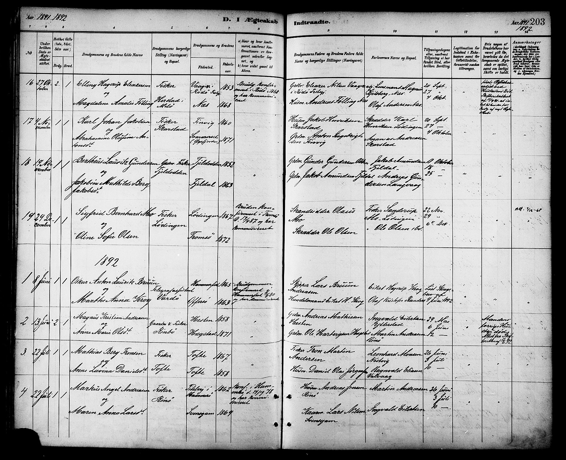 Ministerialprotokoller, klokkerbøker og fødselsregistre - Nordland, SAT/A-1459/872/L1035: Parish register (official) no. 872A10, 1884-1896, p. 203