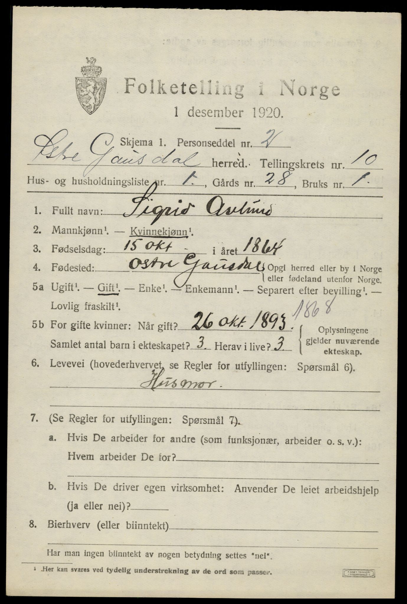 SAH, 1920 census for Østre Gausdal, 1920, p. 5380