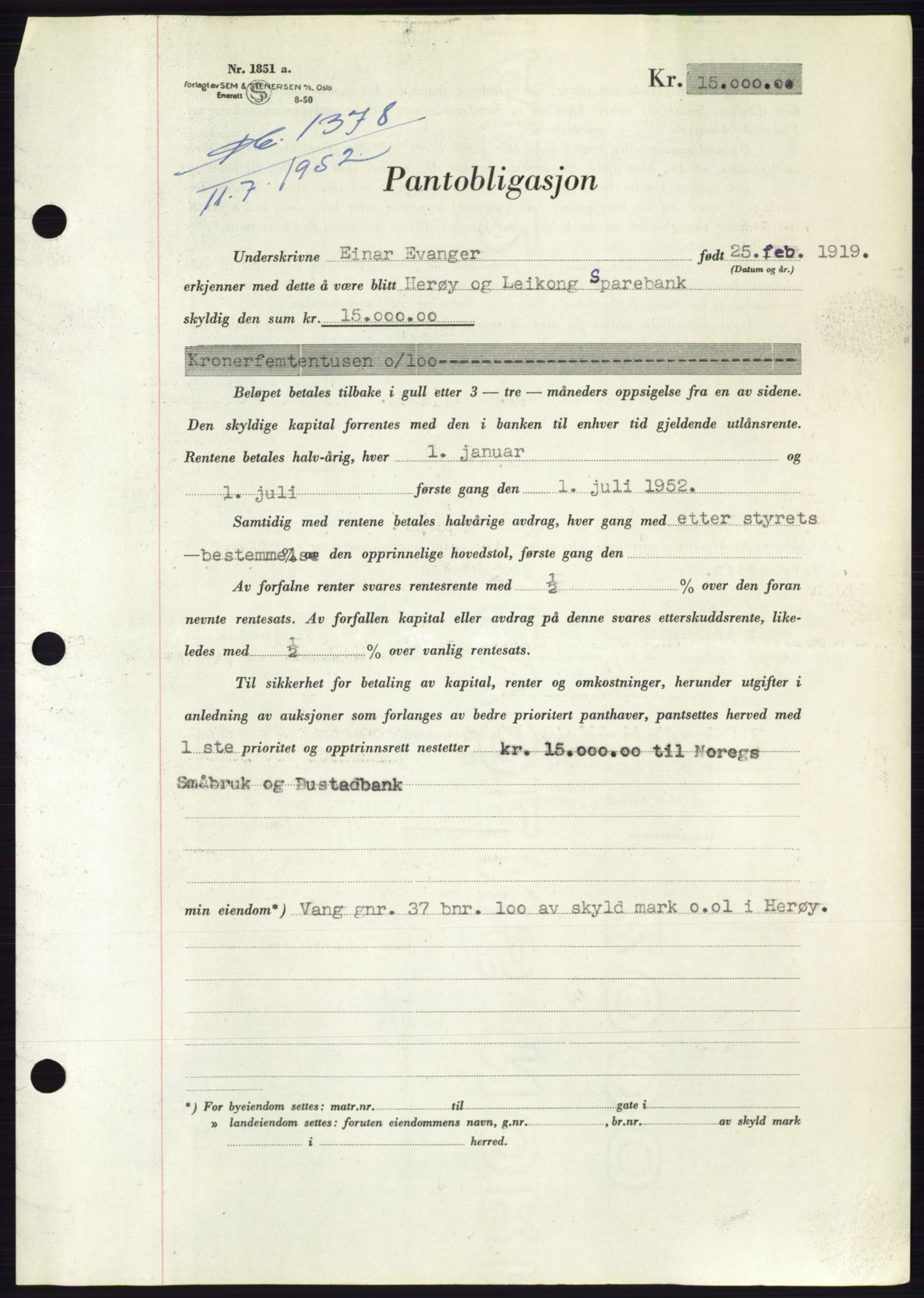 Søre Sunnmøre sorenskriveri, AV/SAT-A-4122/1/2/2C/L0121: Mortgage book no. 9B, 1951-1952, Diary no: : 1378/1952