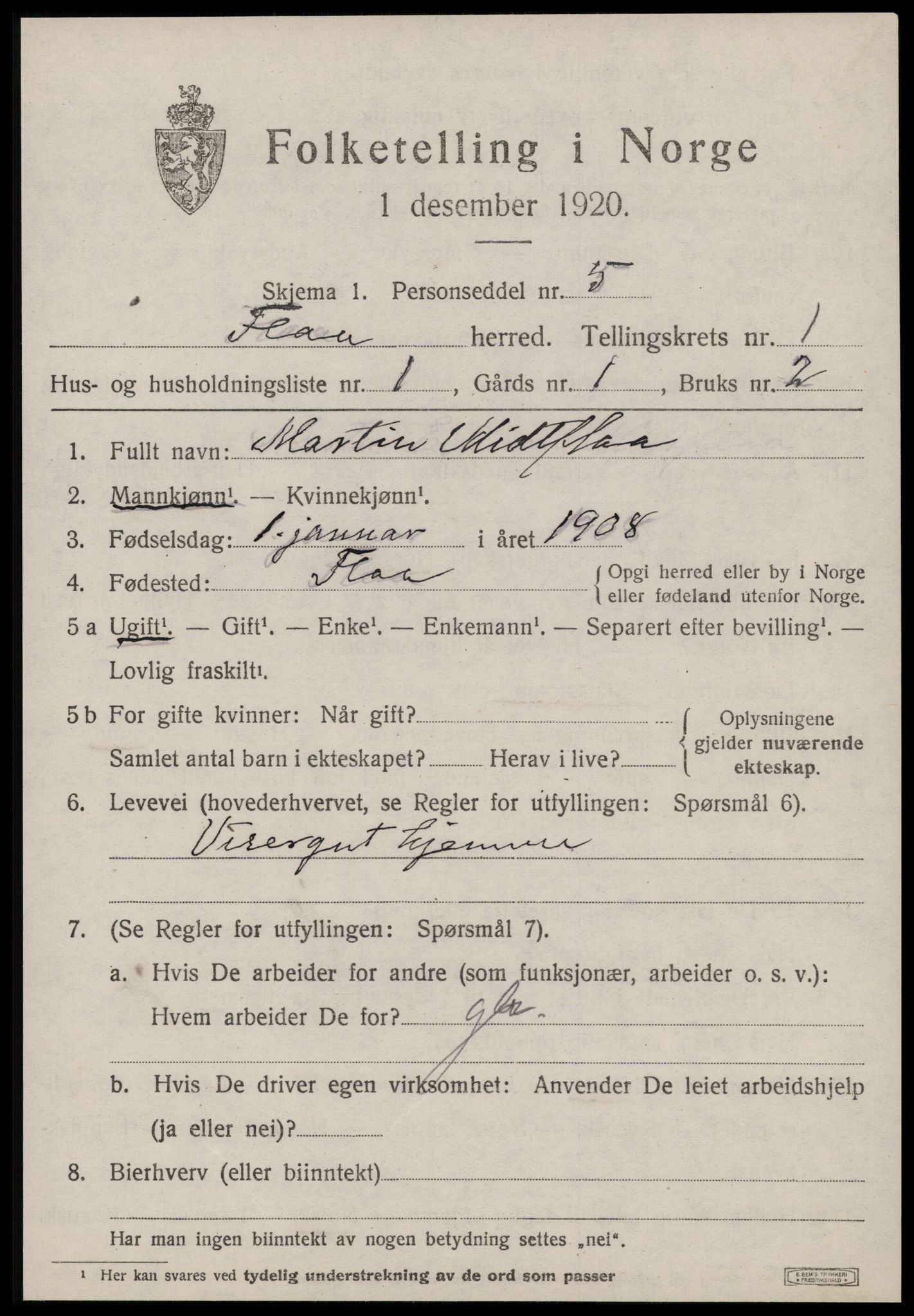 SAT, 1920 census for Flå, 1920, p. 284