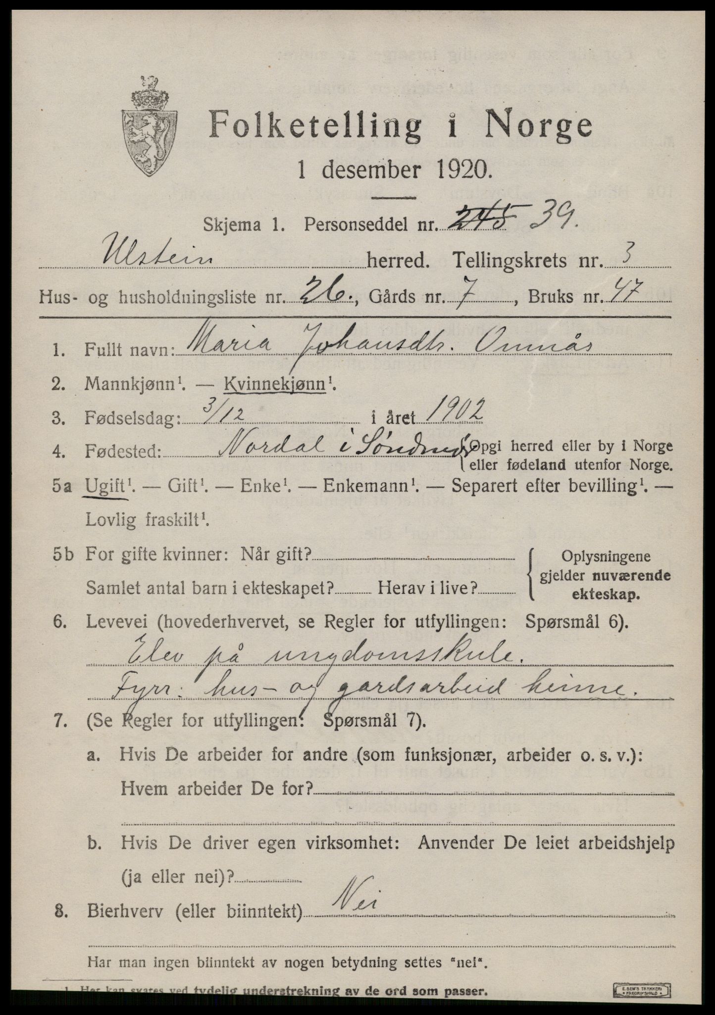SAT, 1920 census for Ulstein, 1920, p. 2118