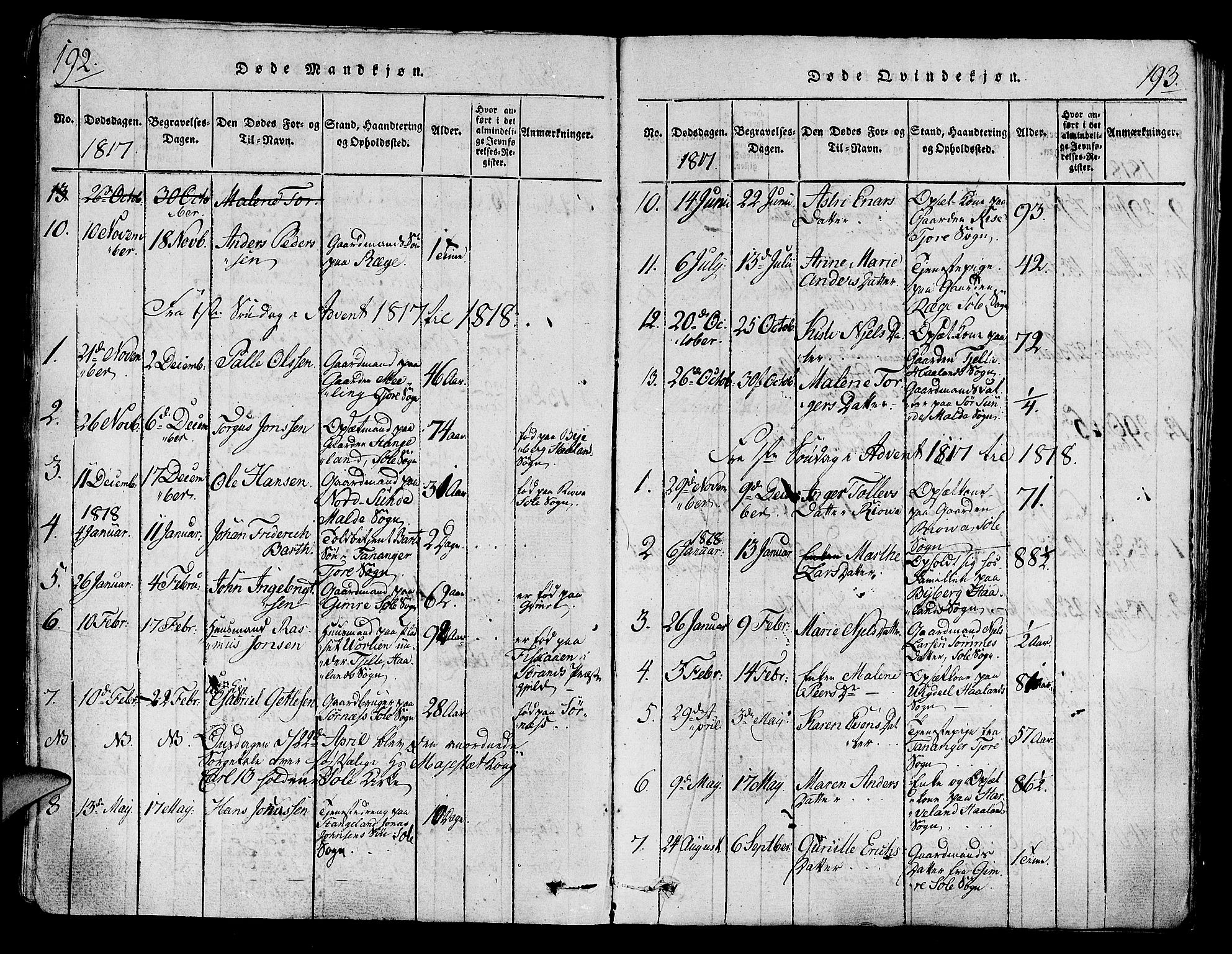 Håland sokneprestkontor, AV/SAST-A-101802/001/30BA/L0004: Parish register (official) no. A 4, 1815-1829, p. 192-193