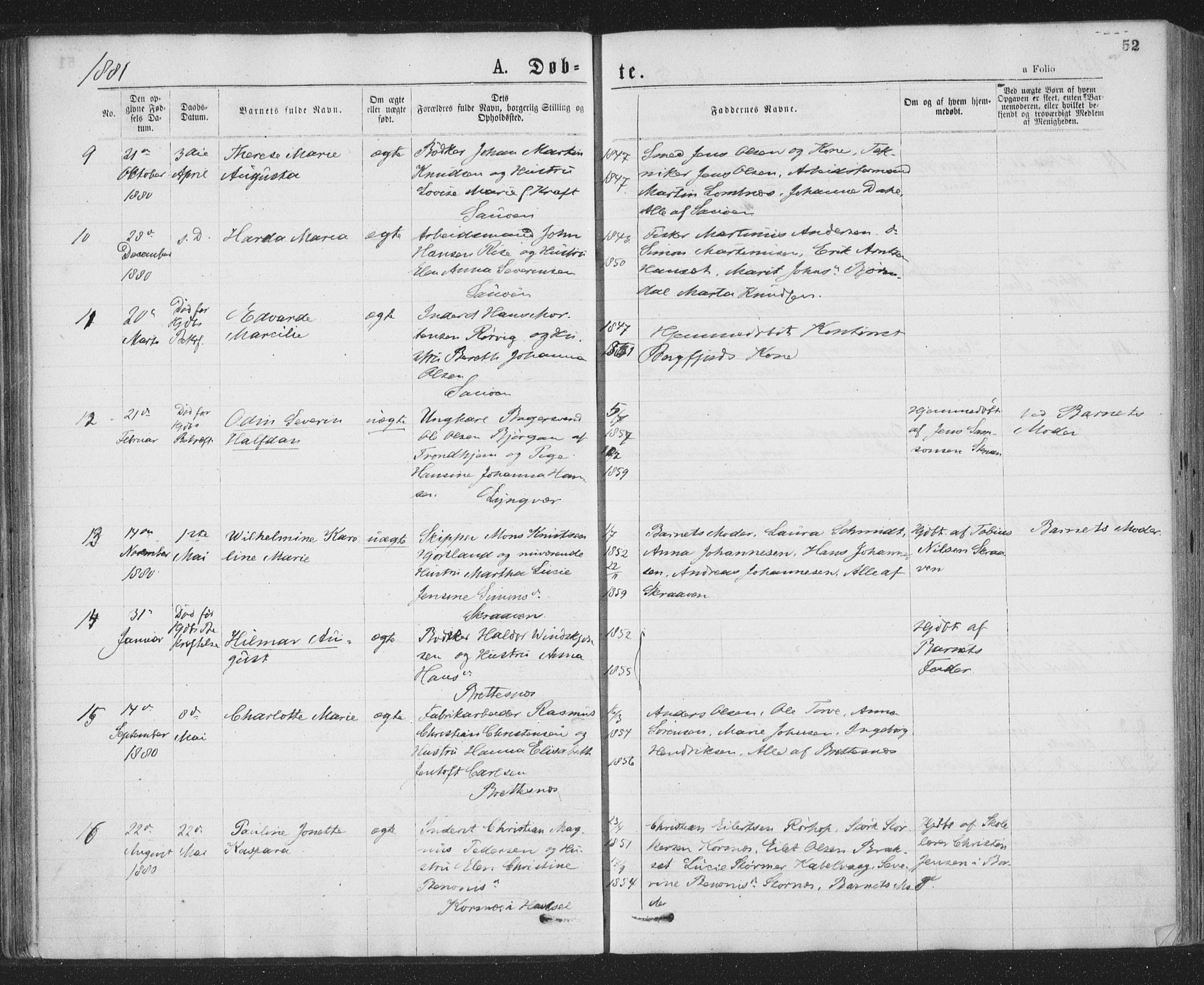 Ministerialprotokoller, klokkerbøker og fødselsregistre - Nordland, AV/SAT-A-1459/874/L1058: Parish register (official) no. 874A02, 1878-1883, p. 52