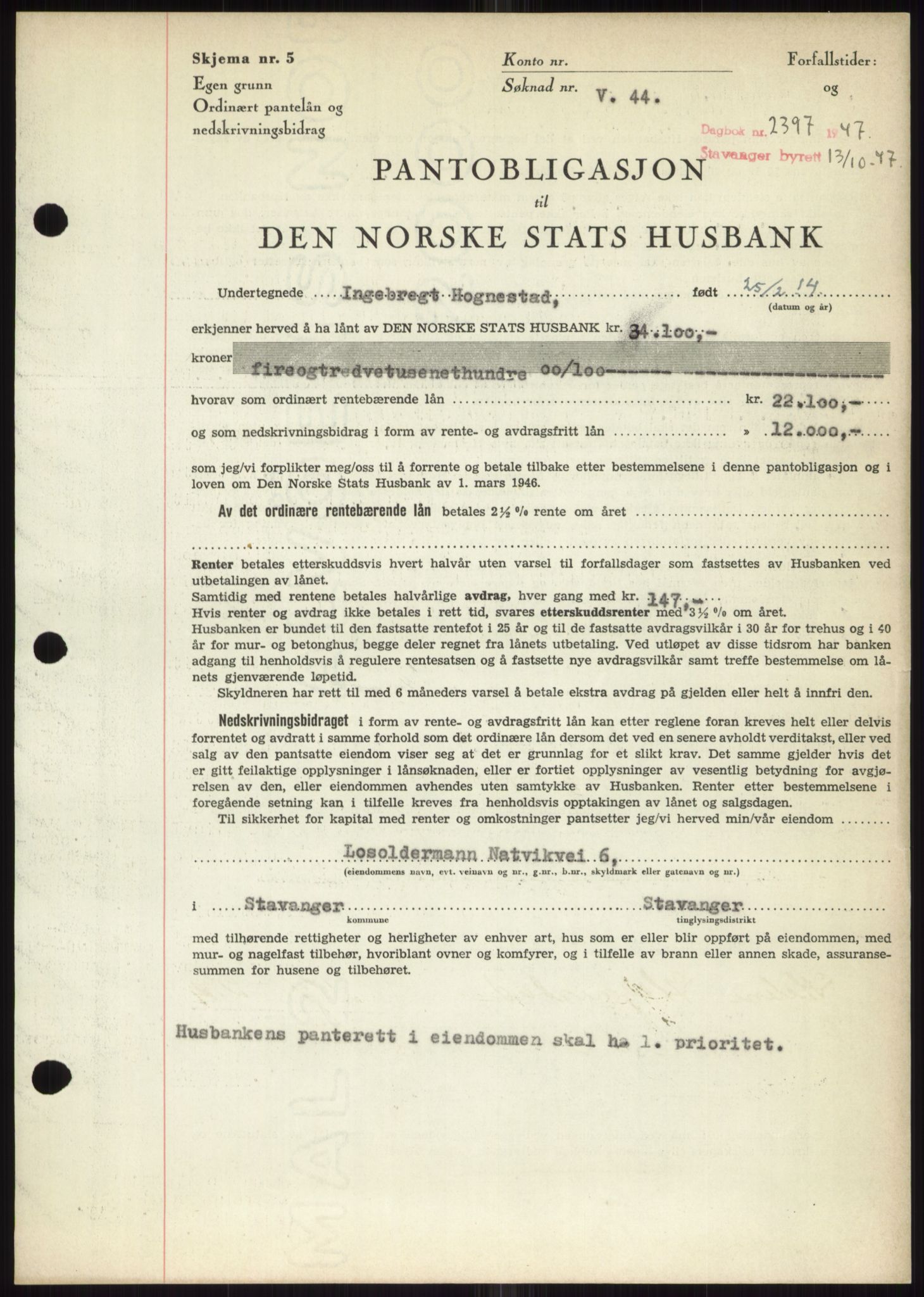 Stavanger byrett, SAST/A-100455/002/G/Gb/L0032: Mortgage book, 1947-1950, Diary no: : 2397/1947