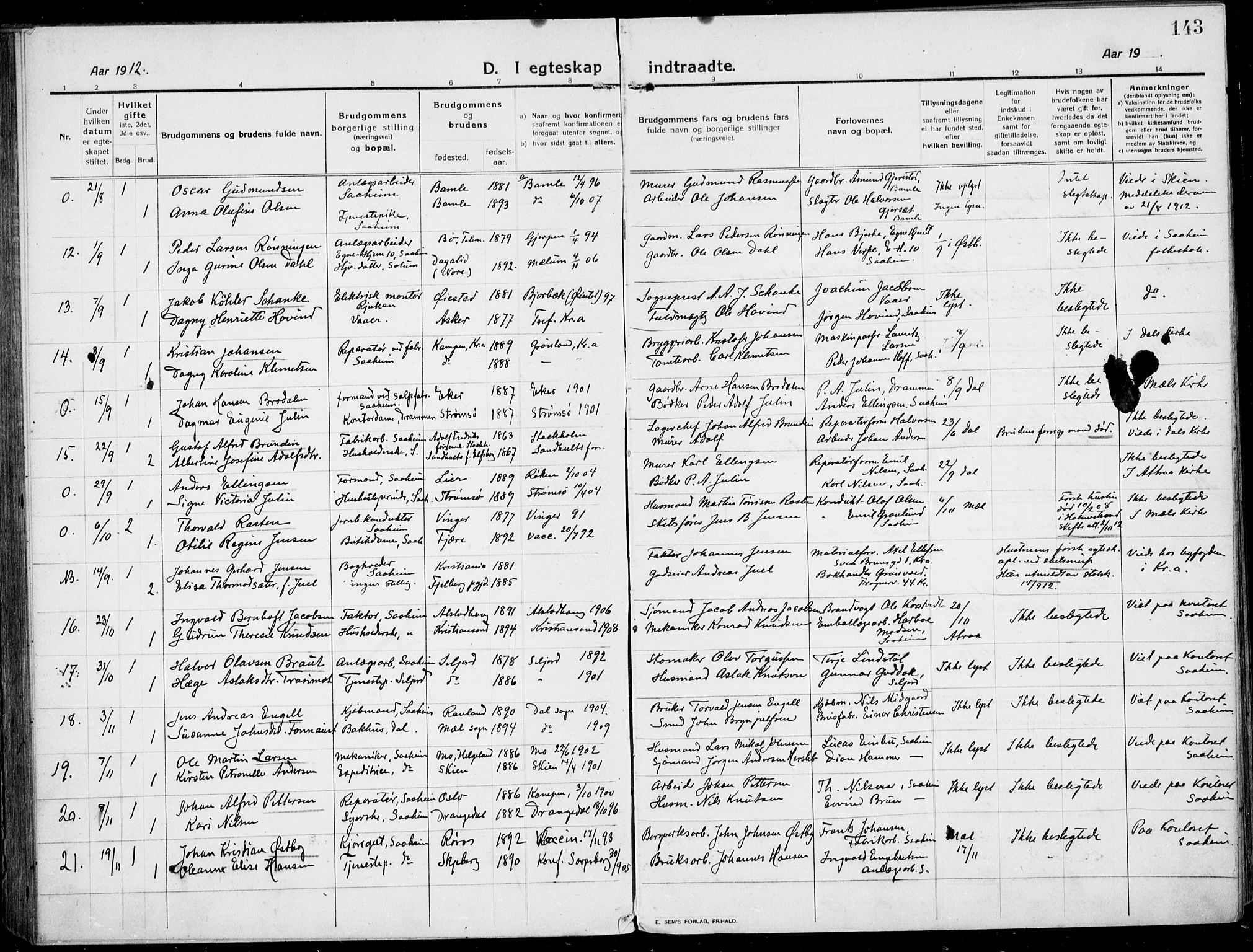 Rjukan kirkebøker, SAKO/A-294/F/Fa/L0002: Parish register (official) no. 2, 1912-1917, p. 143