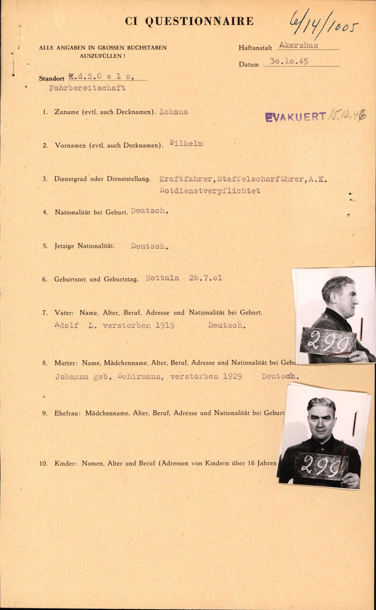 Forsvaret, Forsvarets overkommando II, AV/RA-RAFA-3915/D/Db/L0020: CI Questionaires. Tyske okkupasjonsstyrker i Norge. Tyskere., 1945-1946, p. 288