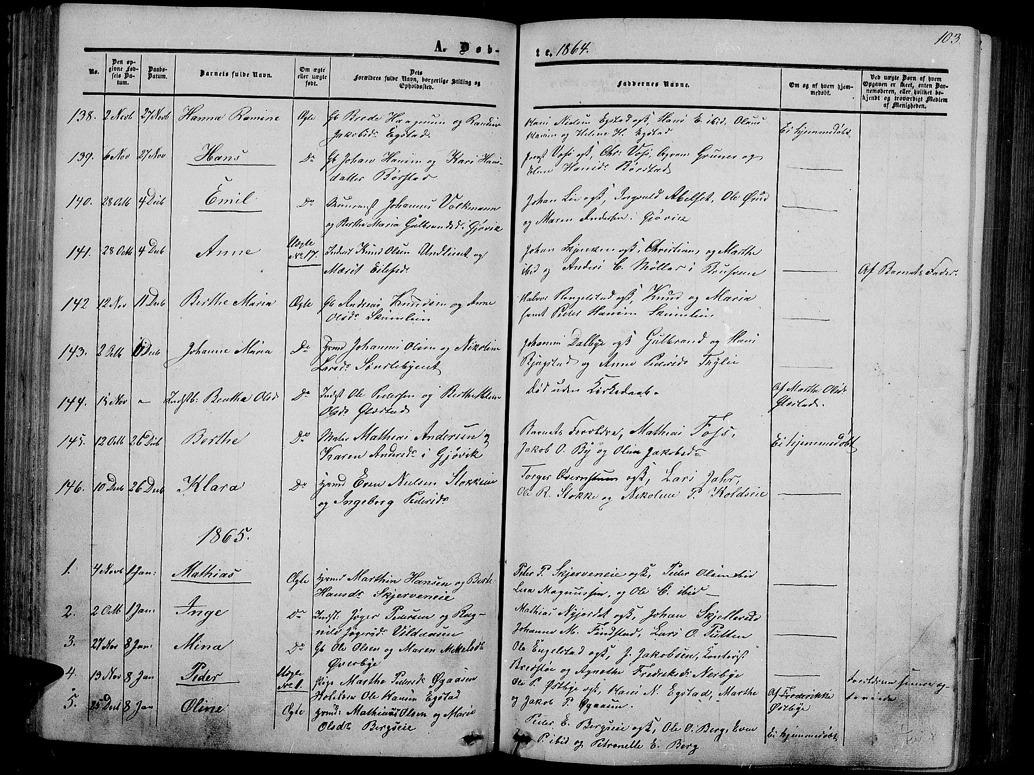 Vardal prestekontor, SAH/PREST-100/H/Ha/Hab/L0005: Parish register (copy) no. 5, 1854-1868, p. 103