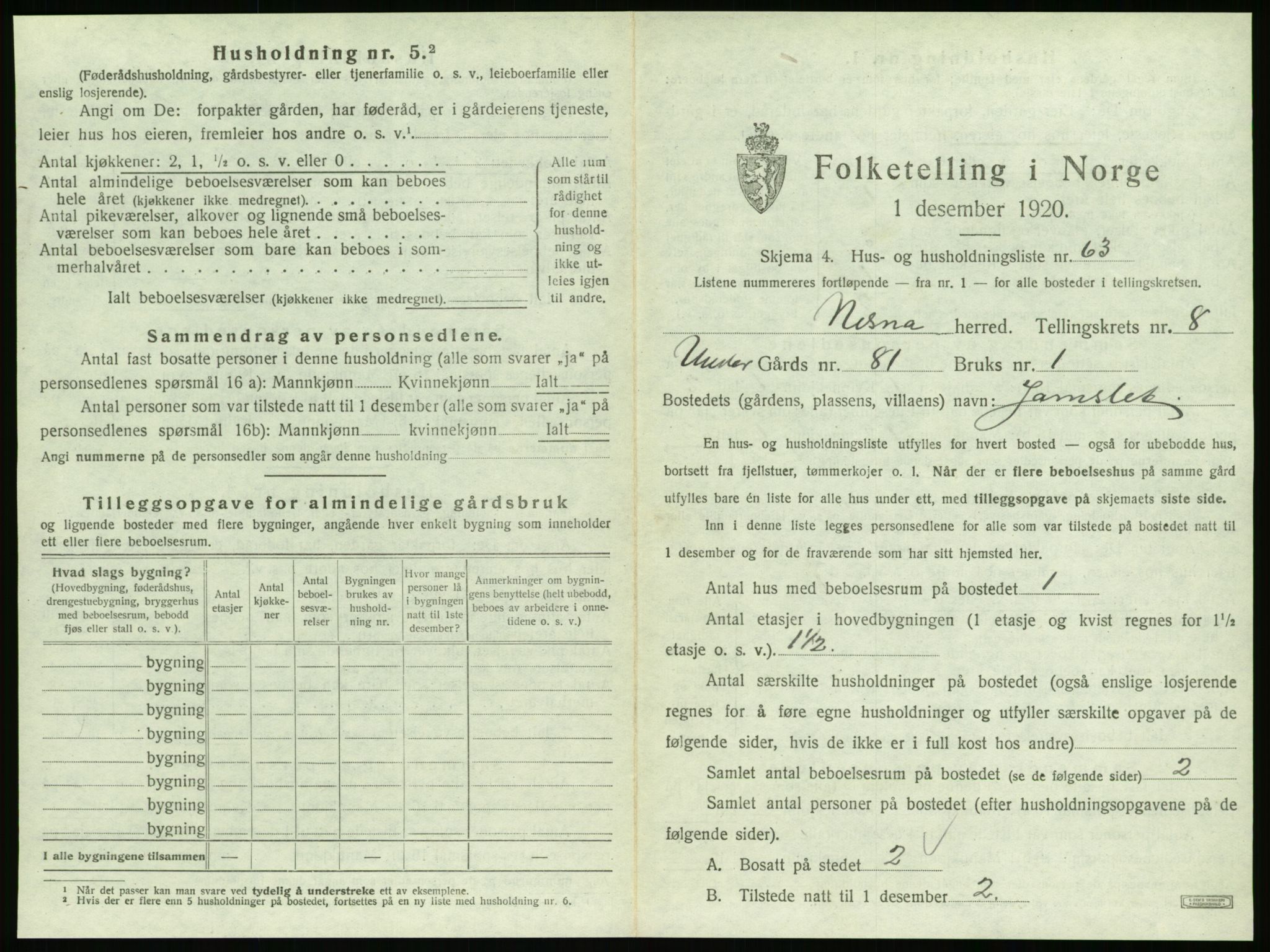 SAT, 1920 census for Nesna, 1920, p. 1055