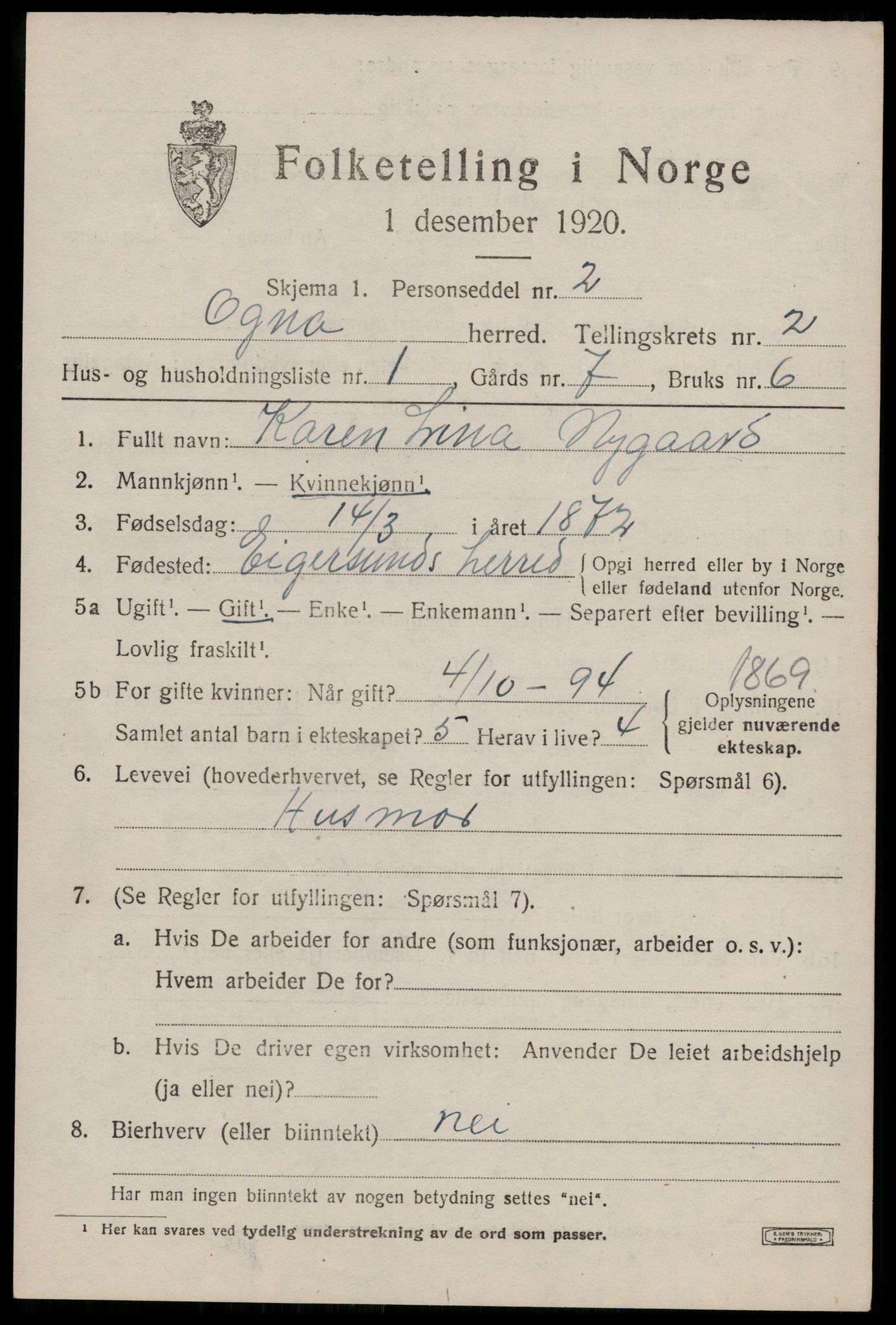 SAST, 1920 census for Ogna, 1920, p. 815