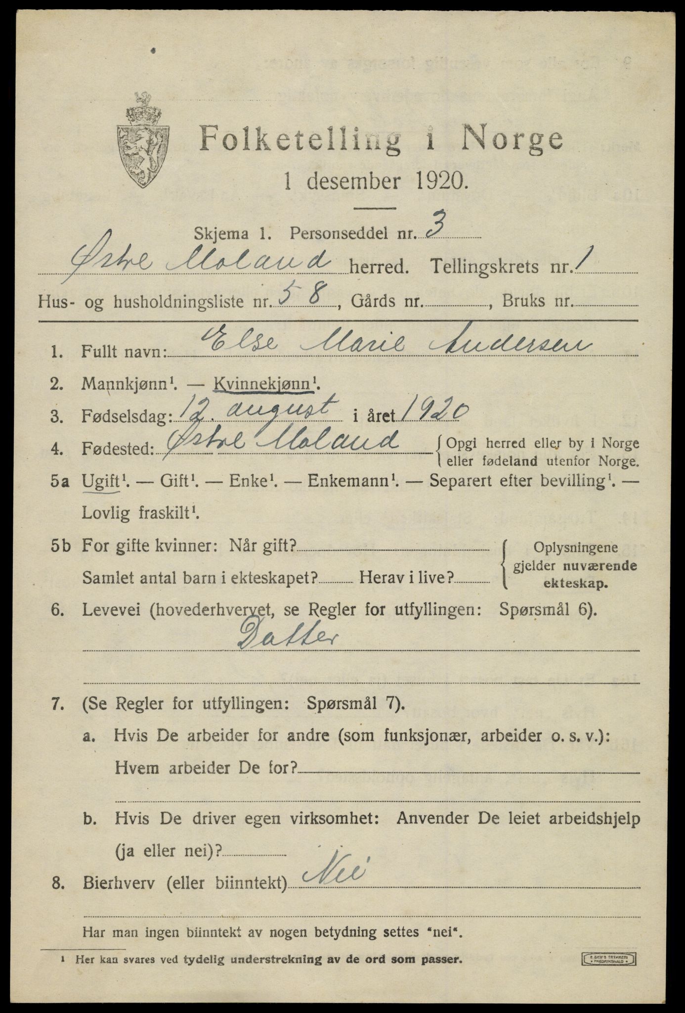 SAK, 1920 census for Austre Moland, 1920, p. 1241