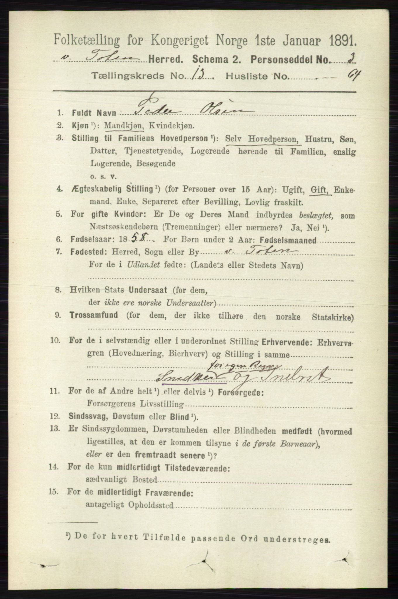 RA, 1891 census for 0529 Vestre Toten, 1891, p. 8142