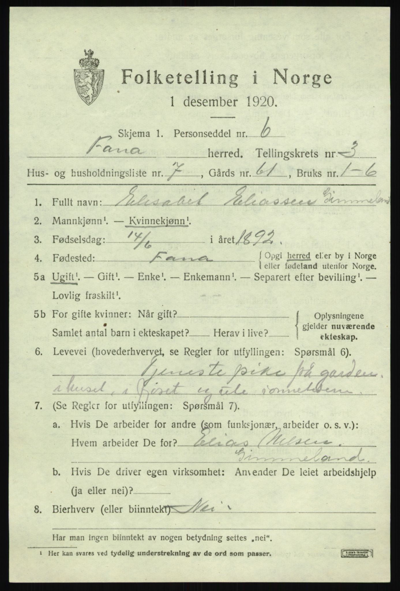 SAB, 1920 census for Fana, 1920, p. 5155