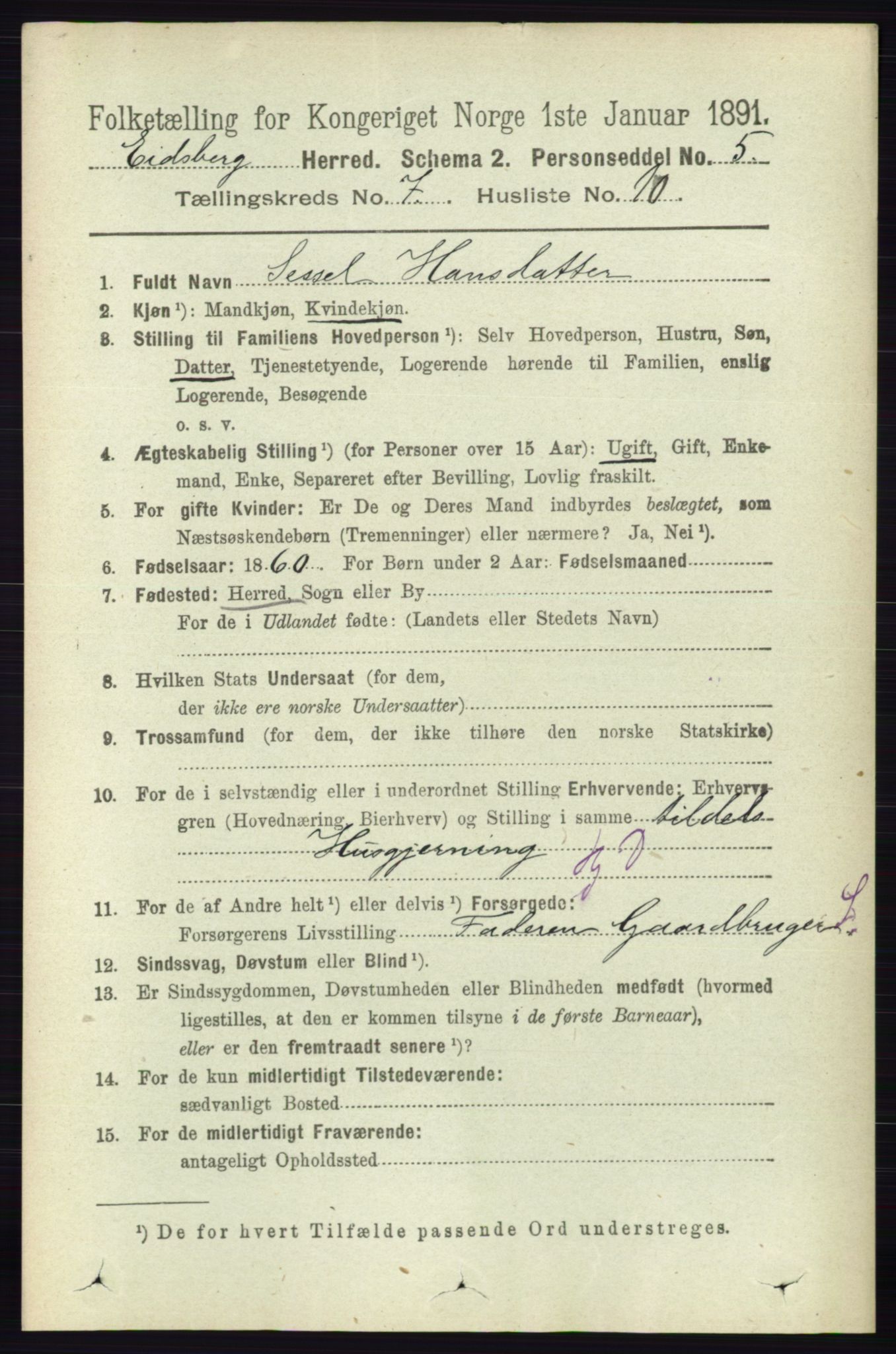 RA, 1891 census for 0125 Eidsberg, 1891, p. 4180