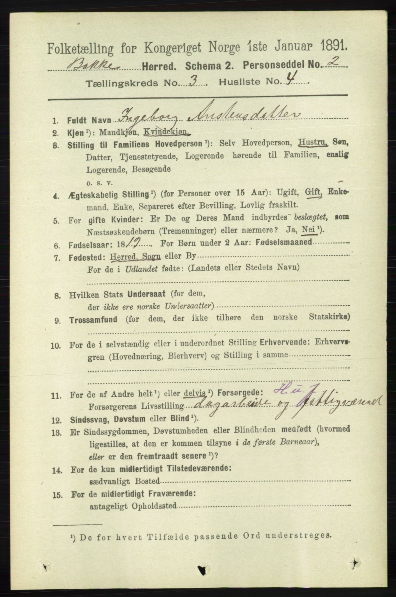 RA, 1891 census for 1045 Bakke, 1891, p. 423