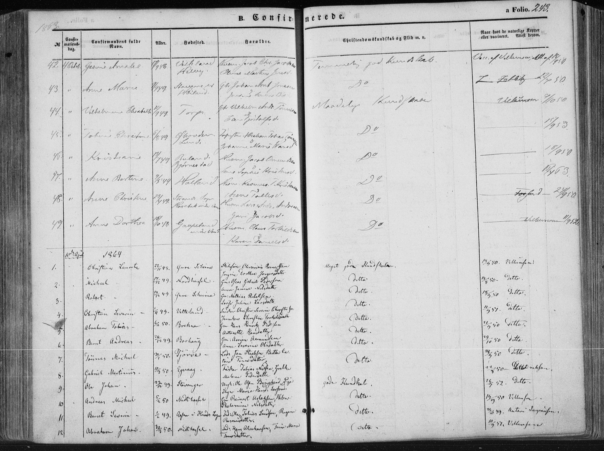 Lista sokneprestkontor, AV/SAK-1111-0027/F/Fa/L0011: Parish register (official) no. A 11, 1861-1878, p. 243