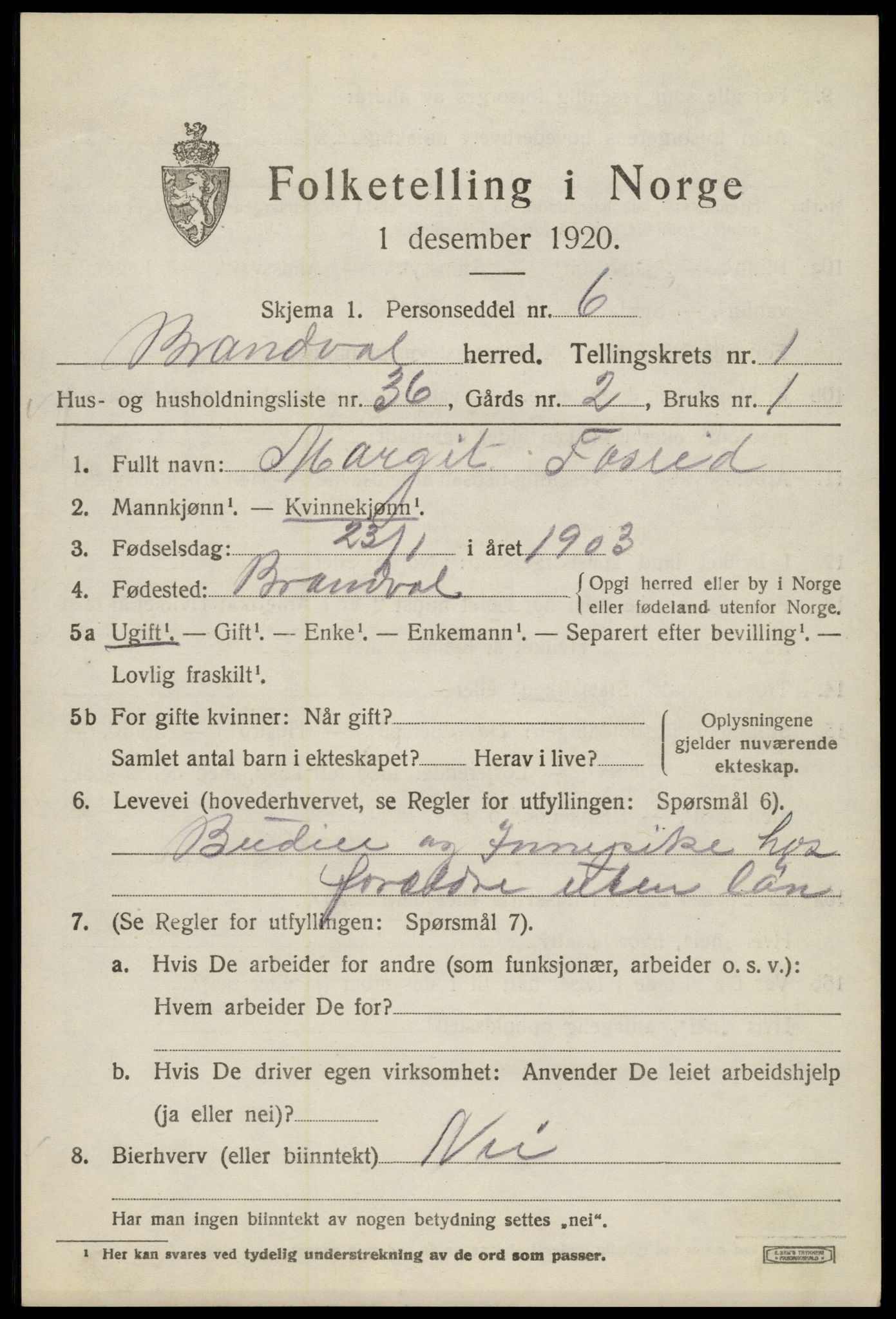 SAH, 1920 census for Brandval, 1920, p. 1988