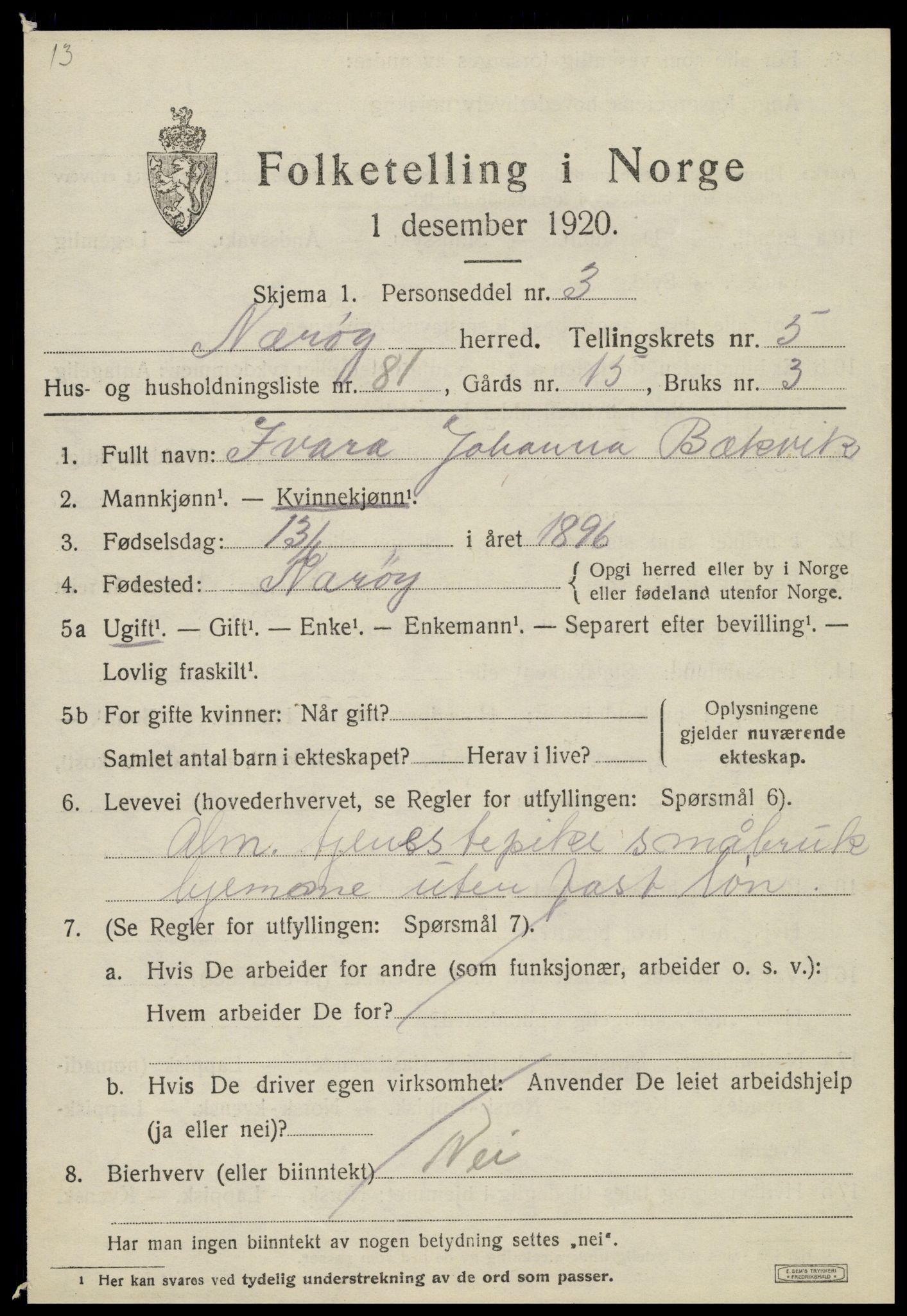 SAT, 1920 census for Nærøy, 1920, p. 3335