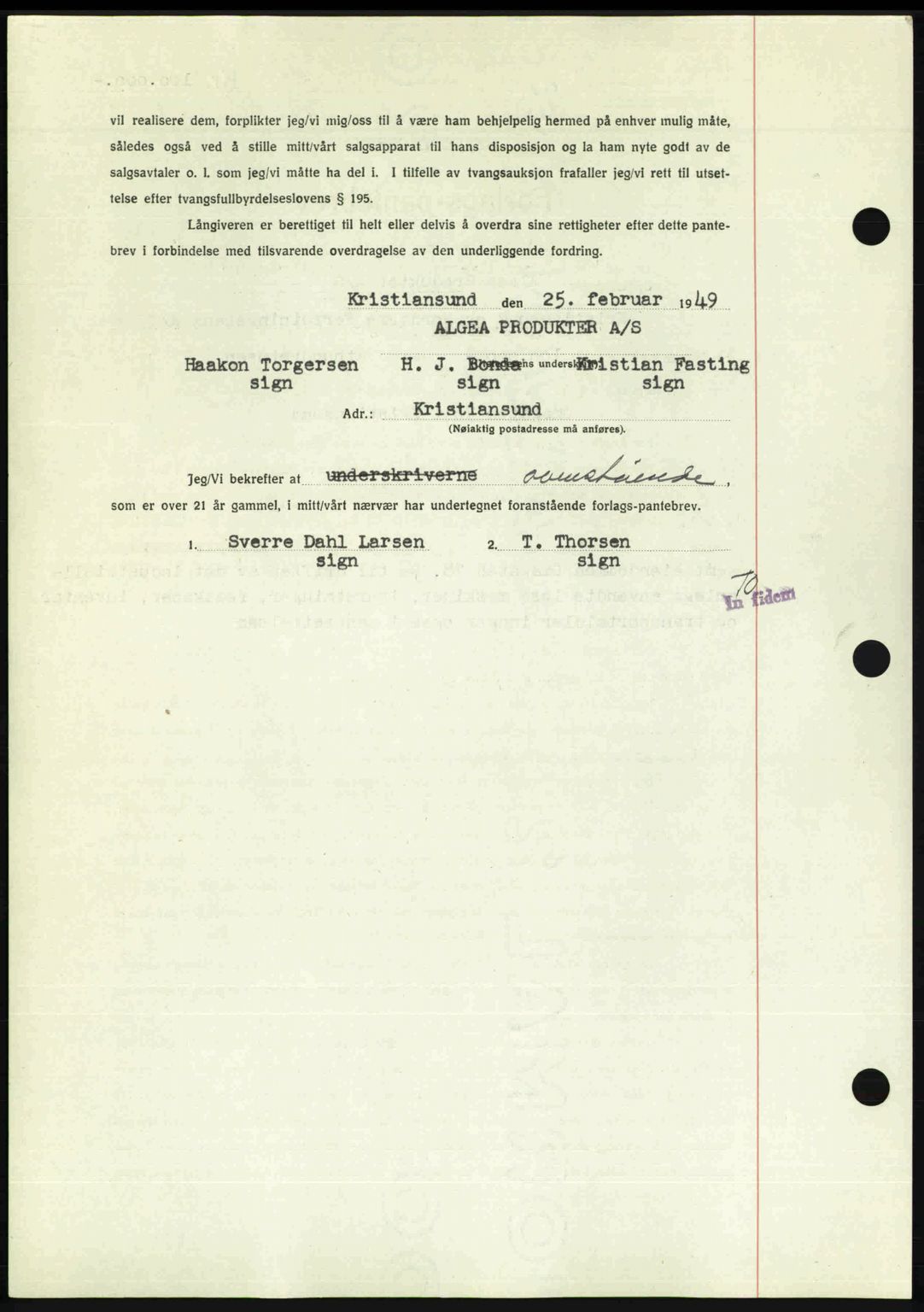 Kristiansund byfogd, AV/SAT-A-4587/A/27: Mortgage book no. 45, 1948-1949, Diary no: : 454/1949