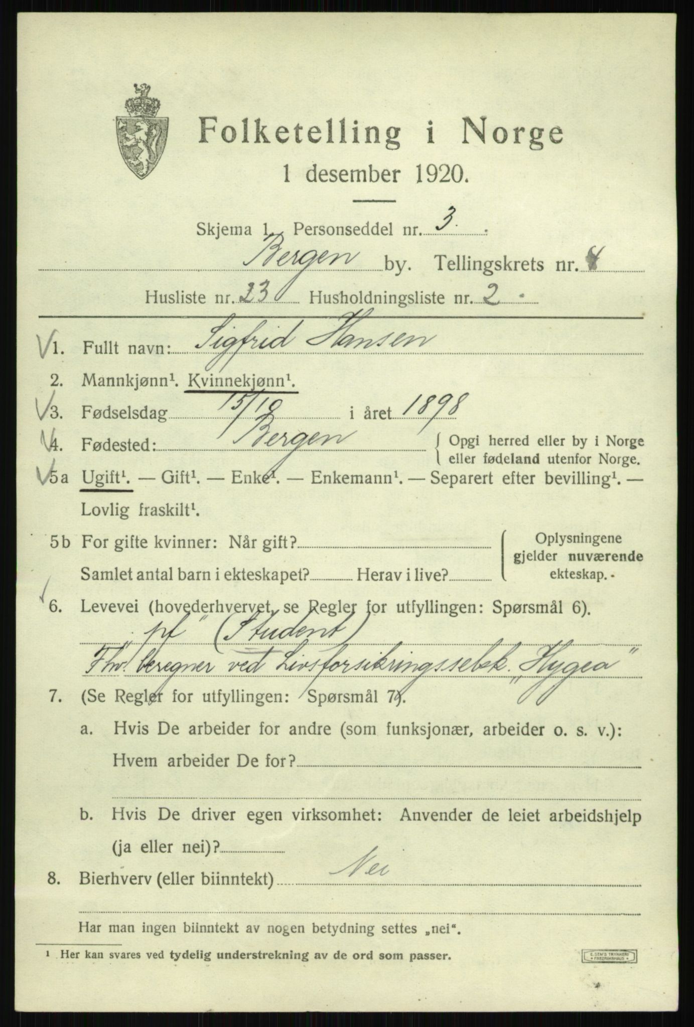 SAB, 1920 census for Bergen, 1920, p. 64348