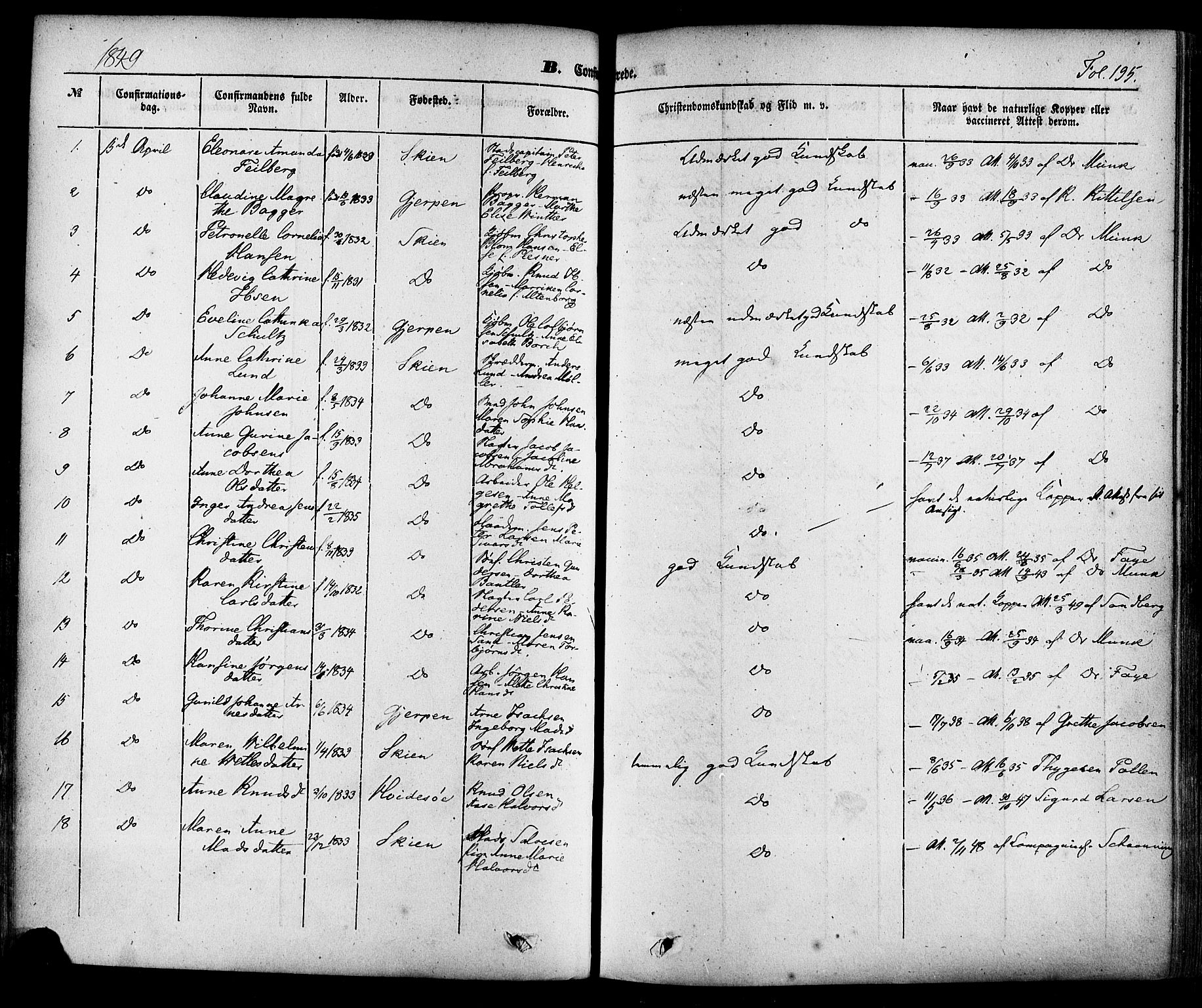 Skien kirkebøker, AV/SAKO-A-302/F/Fa/L0006a: Parish register (official) no. 6A, 1843-1856, p. 195