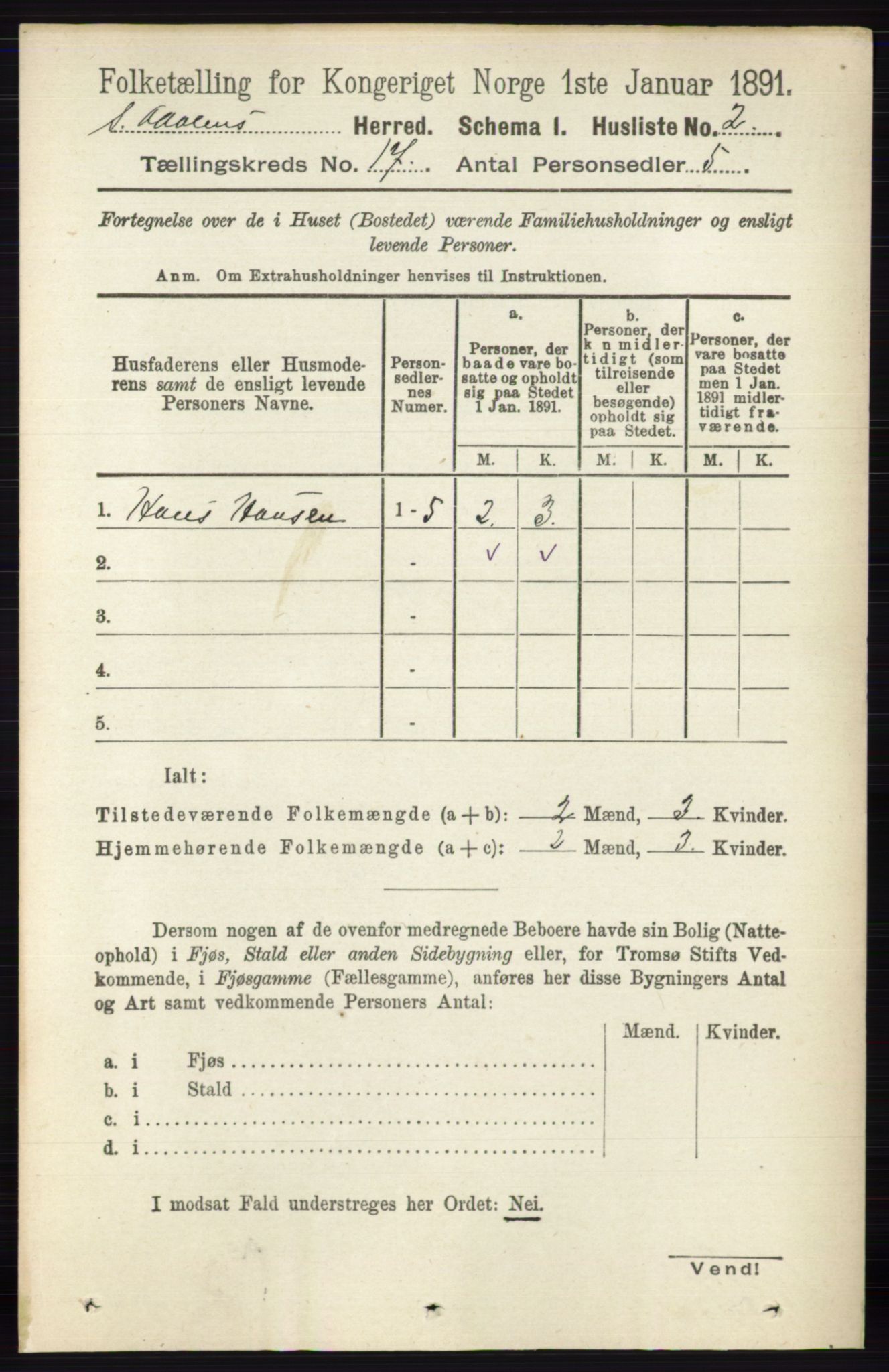 RA, 1891 census for 0419 Sør-Odal, 1891, p. 7782