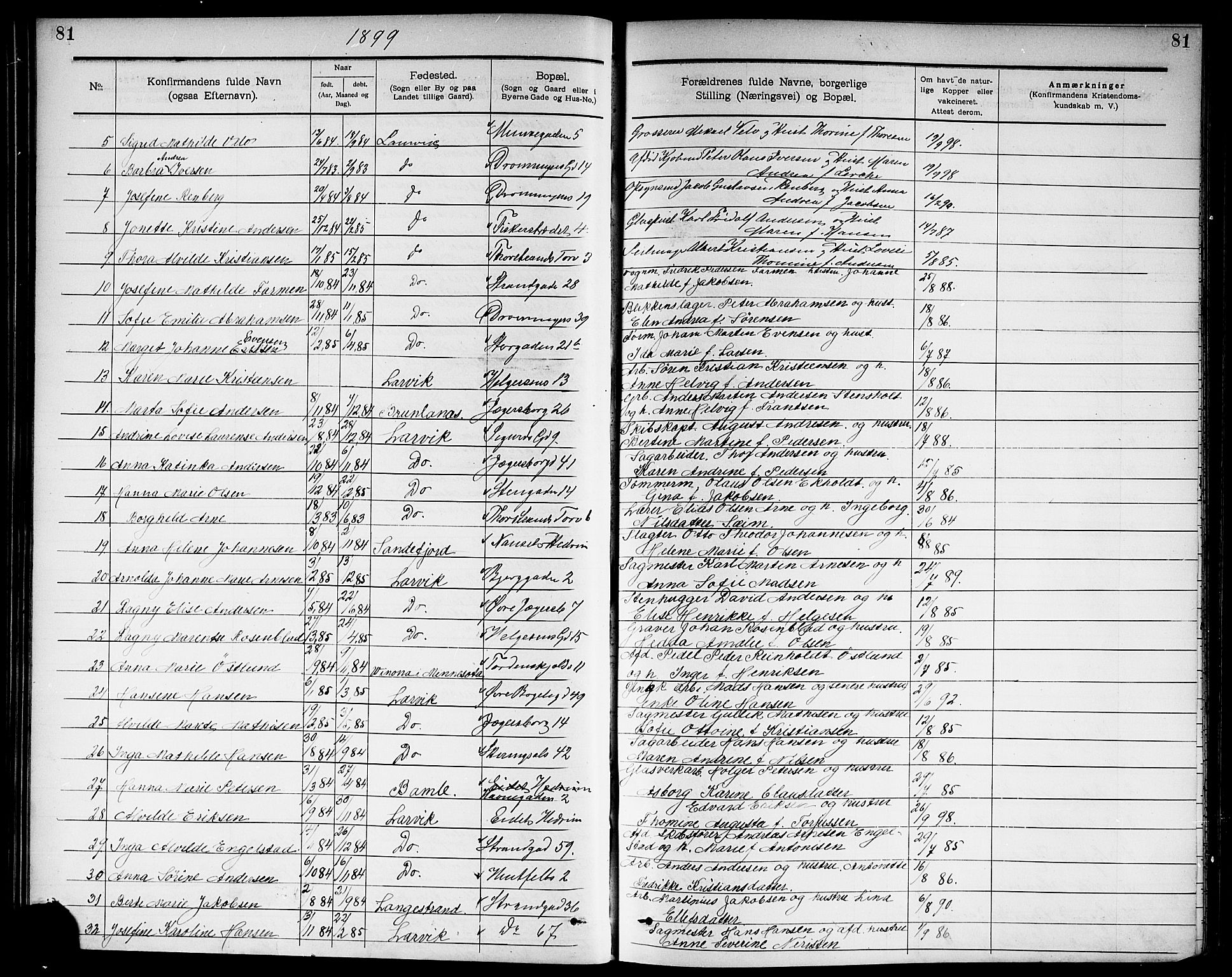 Larvik kirkebøker, SAKO/A-352/G/Ga/L0006: Parish register (copy) no. I 6, 1888-1917, p. 81