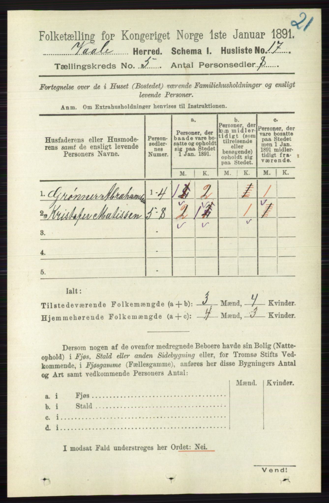 RA, 1891 census for 0716 Våle, 1891, p. 1316