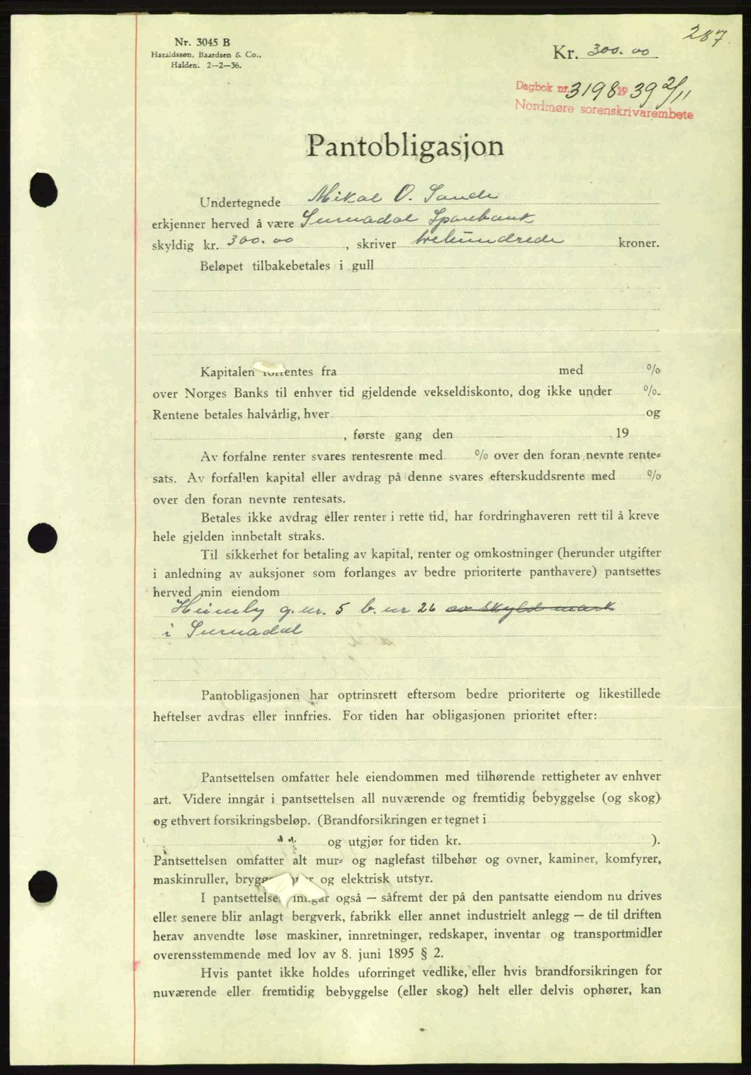 Nordmøre sorenskriveri, AV/SAT-A-4132/1/2/2Ca: Mortgage book no. B86, 1939-1940, Diary no: : 3198/1939