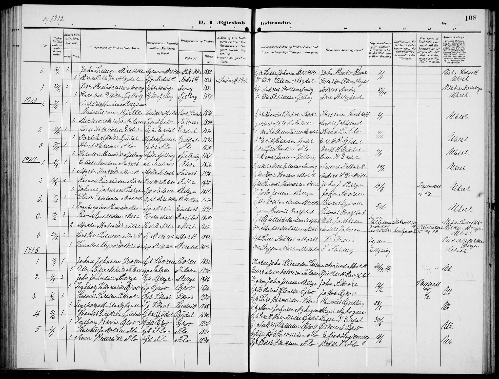 Stryn Sokneprestembete, SAB/A-82501: Parish register (copy) no. C 4, 1905-1936, p. 108