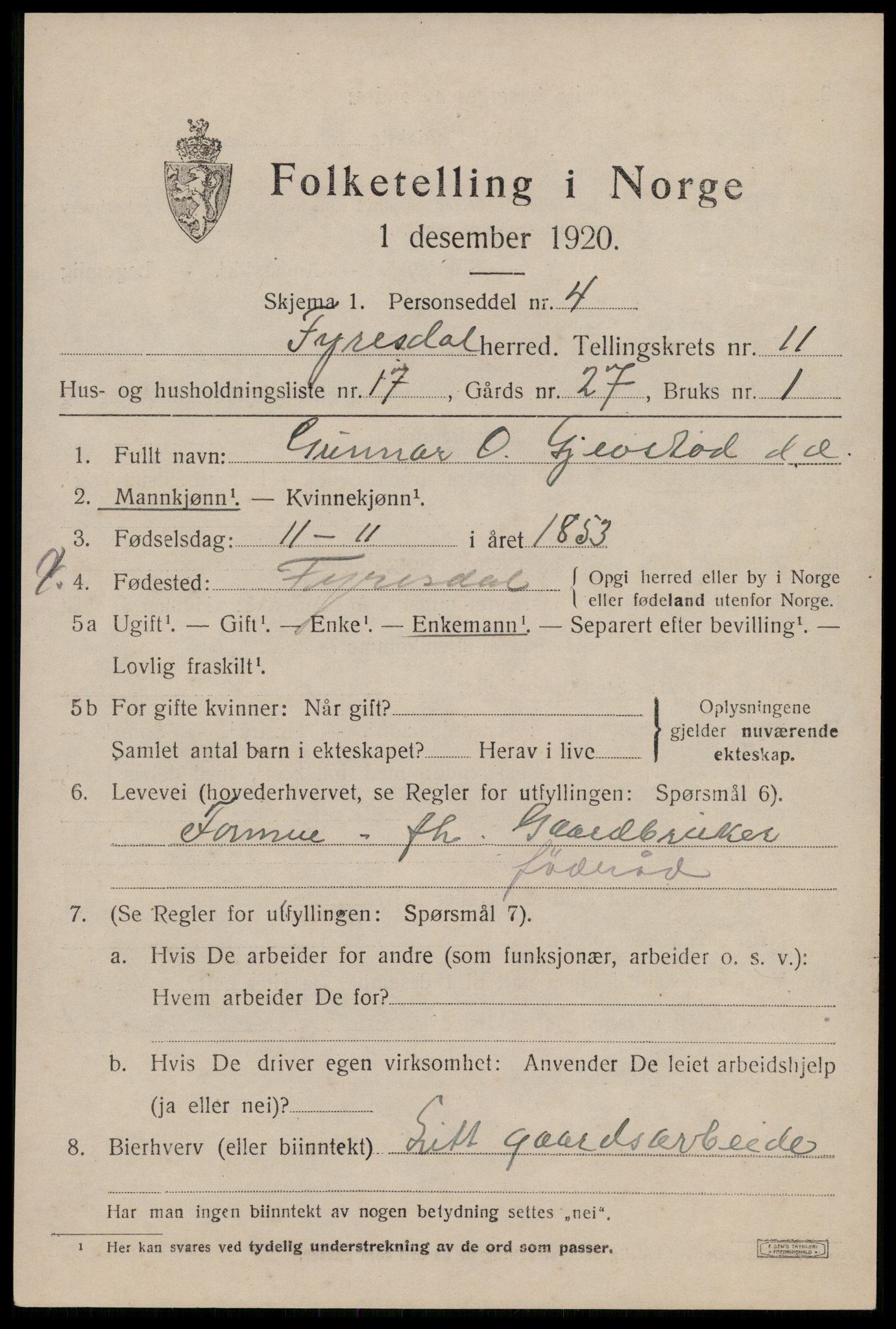 SAKO, 1920 census for Fyresdal, 1920, p. 4159