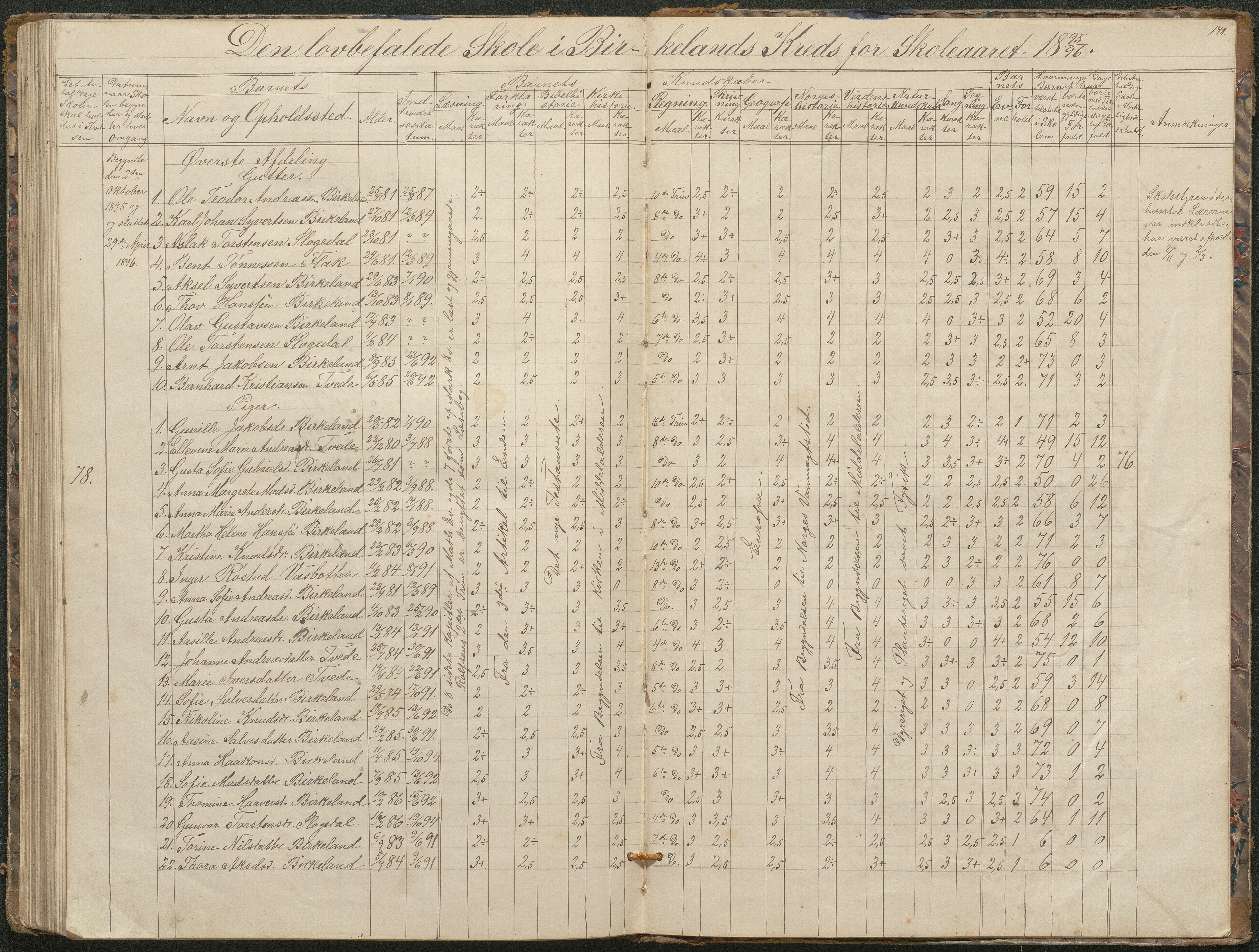 Birkenes kommune, Birkenes krets/Birkeland folkeskole frem til 1991, AAKS/KA0928-550a_91/F02/L0001: Skoleprotokoll, 1862-1896, p. 139