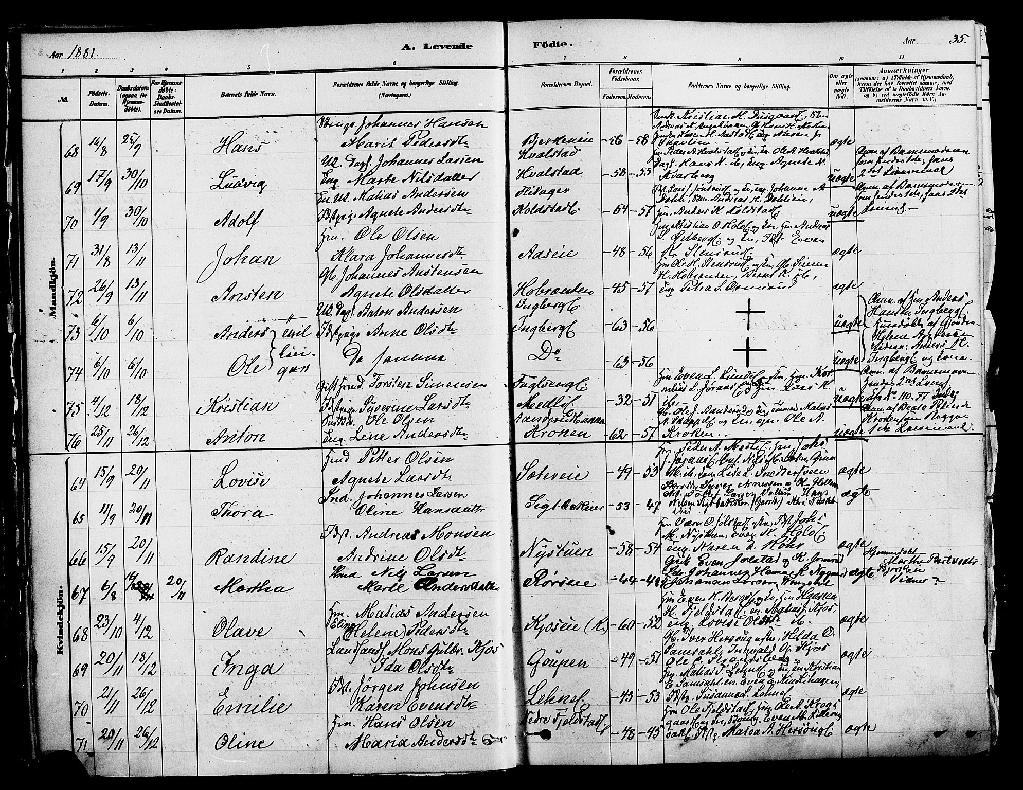 Ringsaker prestekontor, AV/SAH-PREST-014/K/Ka/L0012: Parish register (official) no. 12, 1879-1890, p. 35