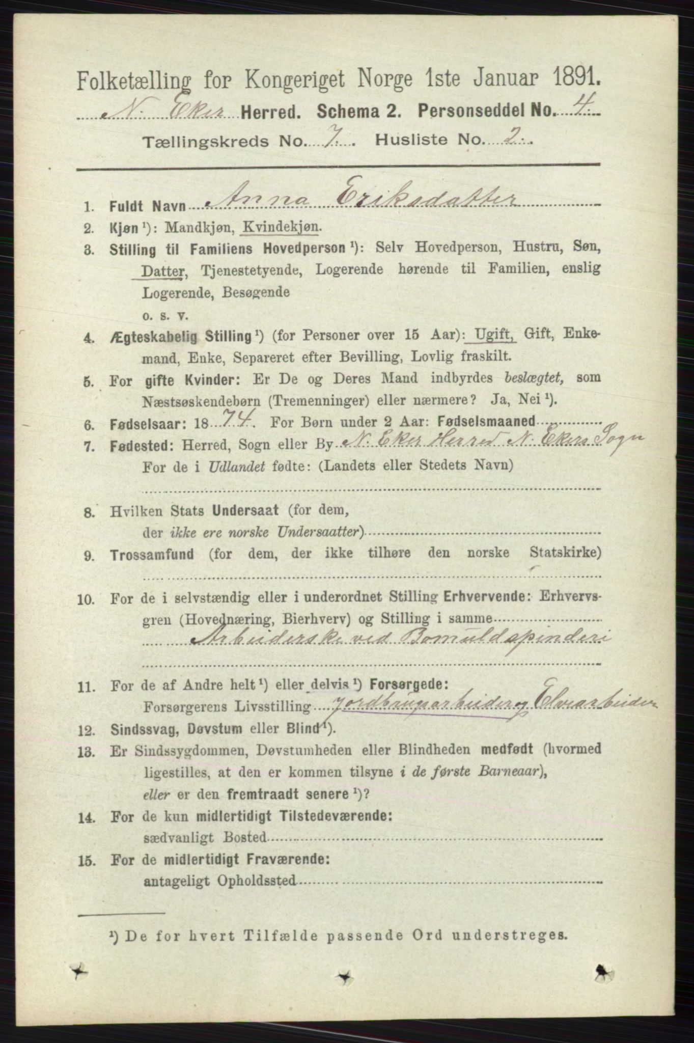 RA, 1891 census for 0625 Nedre Eiker, 1891, p. 3412