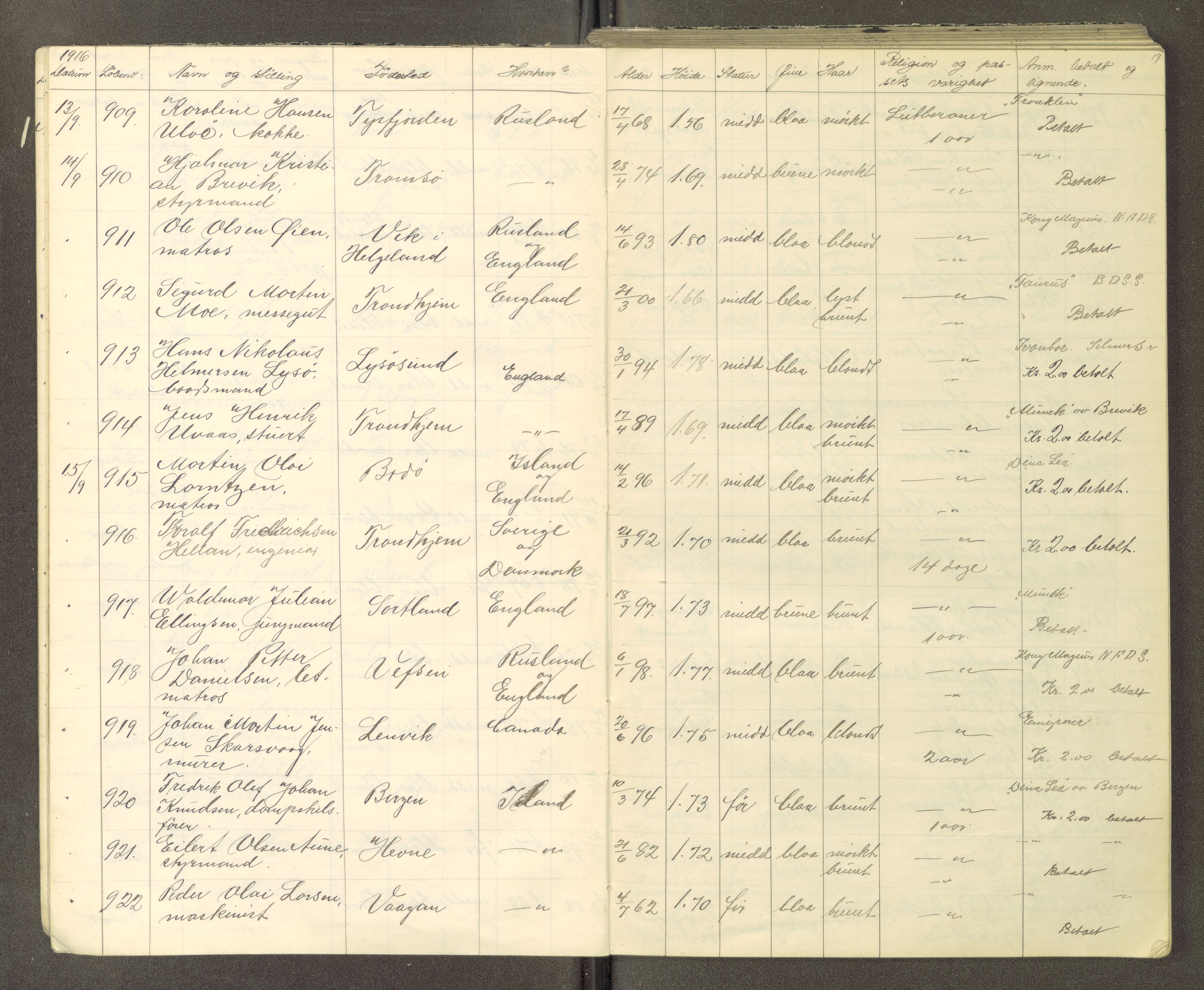 Trondheim politikammer, AV/SAT-A-1887/1/30/L0015: Passprotokoll. Utstedte pass, 1916-1918, p. 17